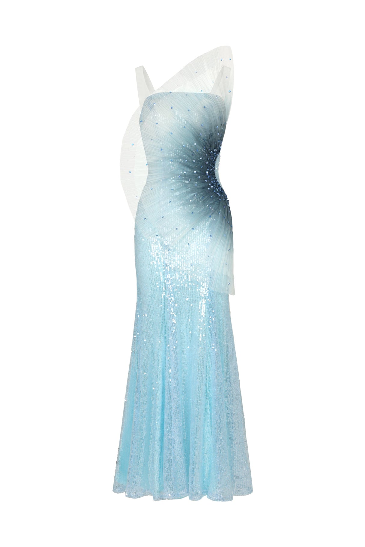 Lucy Blue Sleeveless Maxi Dress Fish Tail Silhouette Sequin Detailing Fit Feel Neckline Design Formal Occasion Wedding Gala Grace Style Fashion Forward Wardrobe Elegant Glamour Beauty Comfort Figure Flattering Soft Flowing Fabric