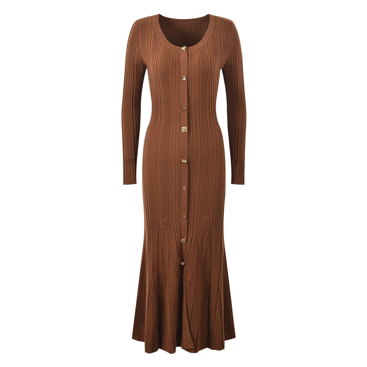 Lucy Dress - Long Fitted Silhouette - Button - Down Front - Ribbed Texture - Form - Fitting Accentuation