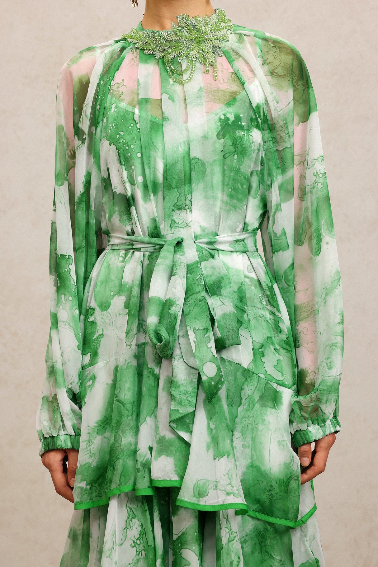 Lucy Green Floral Maxi Dress with Tiered Ruffles and Waist Tie