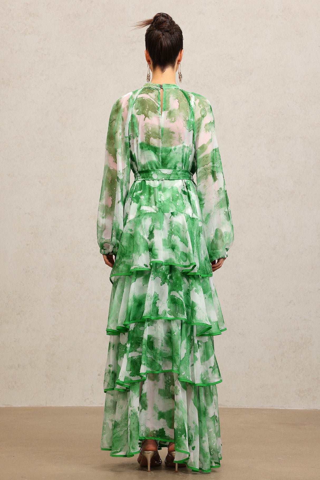 Lucy Green Floral Maxi Dress with Tiered Ruffles and Waist Tie