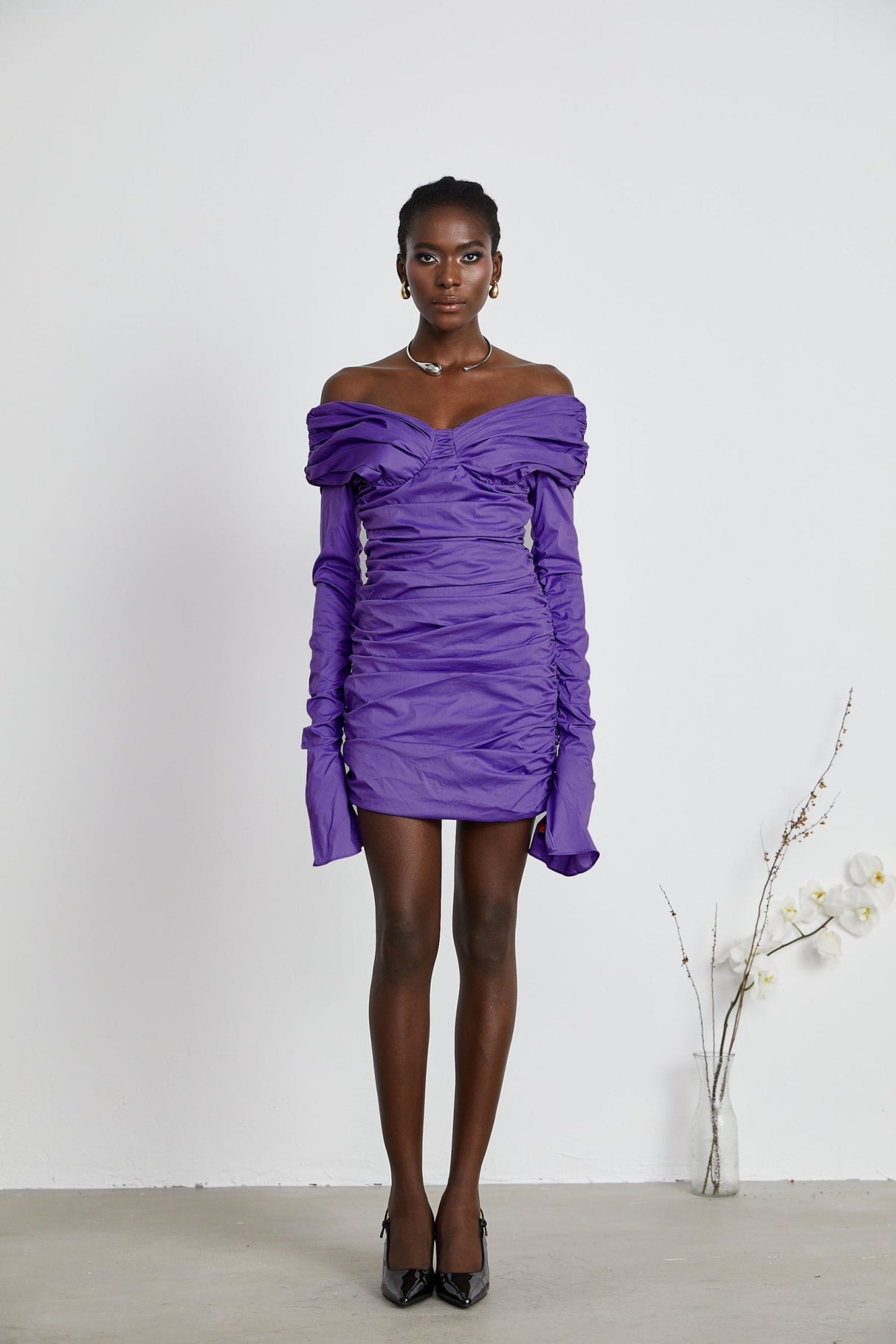 Lucy Mini Dress Ruched Off Shoulder Purple Chic Stretchy
