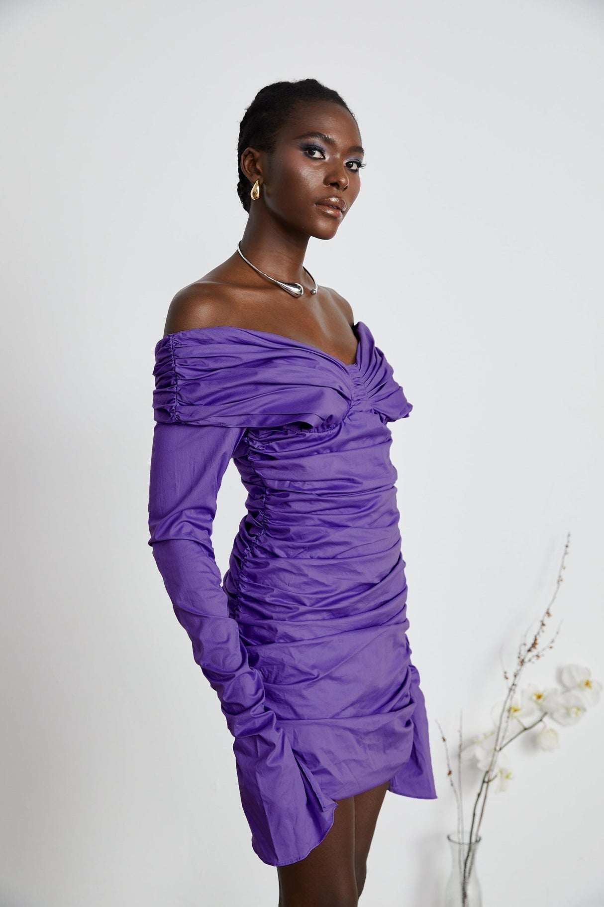 Lucy Mini Dress Ruched Off Shoulder Purple Chic Stretchy