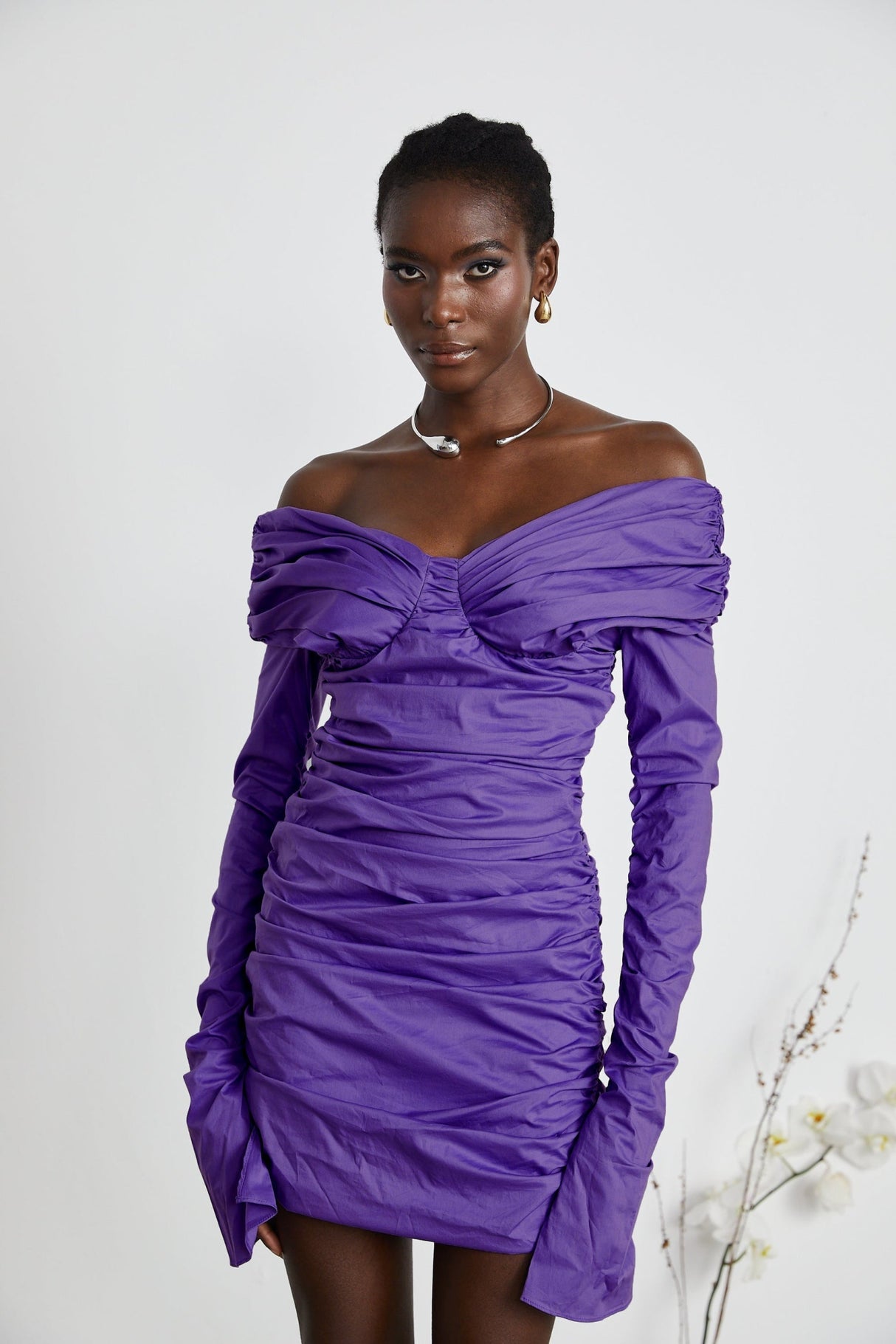 Lucy Mini Dress Ruched Off Shoulder Purple Chic Stretchy