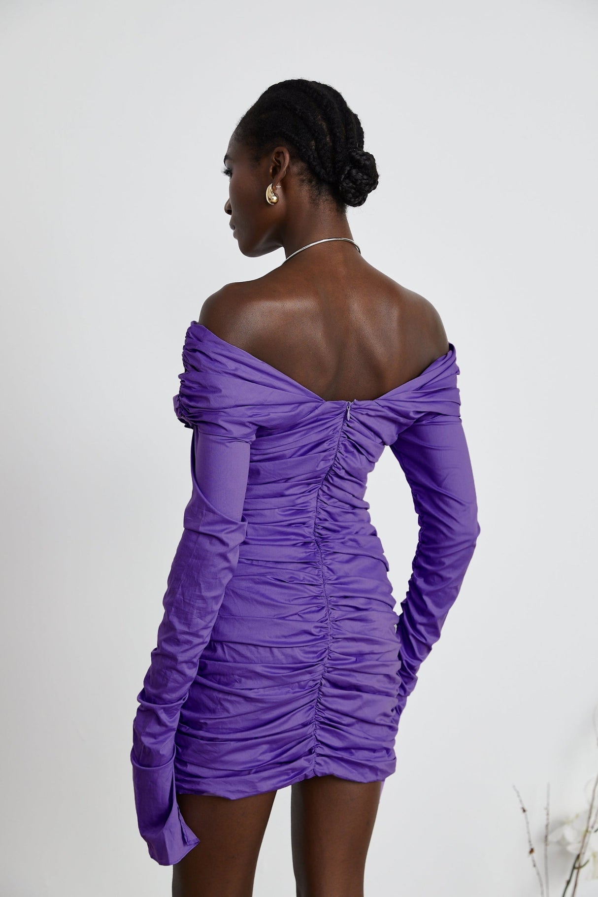 Lucy Mini Dress Ruched Off Shoulder Purple Chic Stretchy