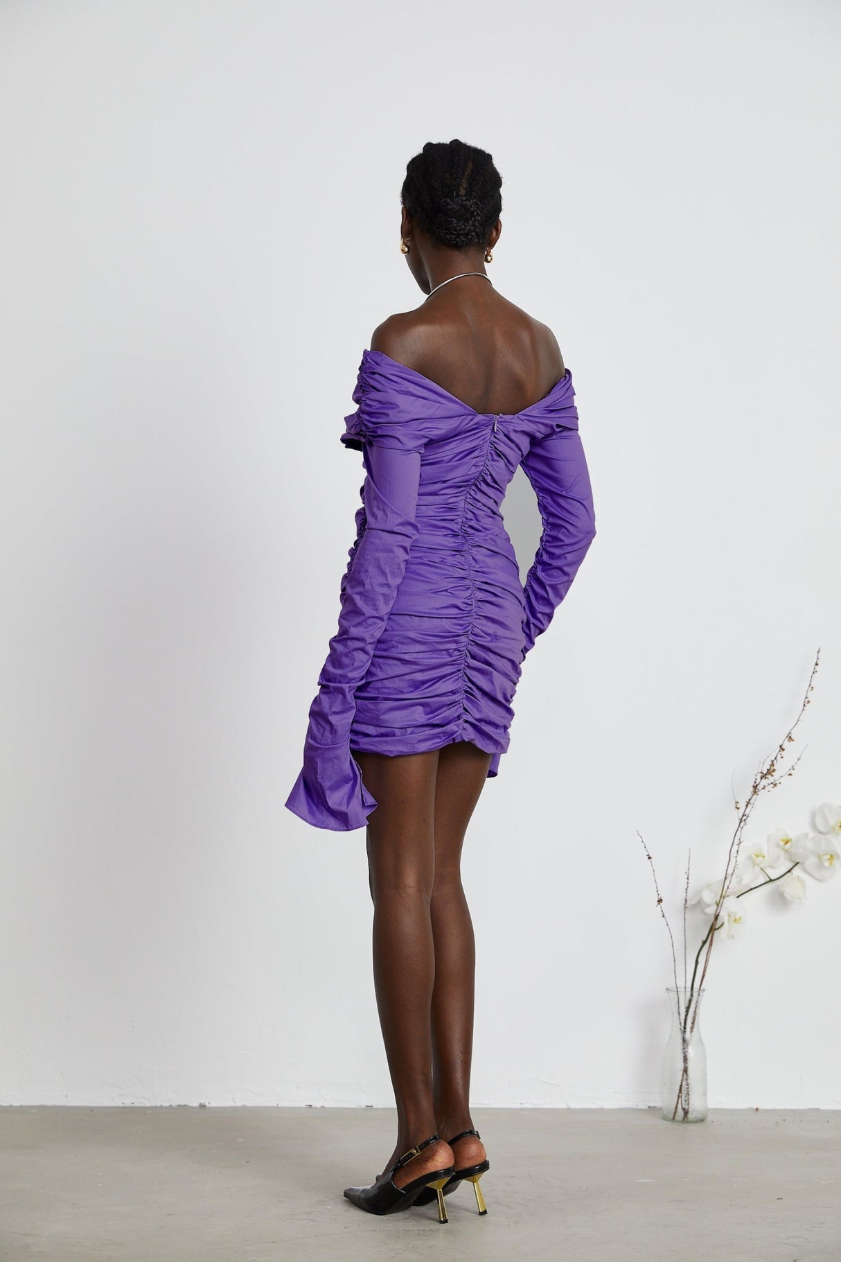 Lucy Mini Dress Ruched Off Shoulder Purple Chic Stretchy