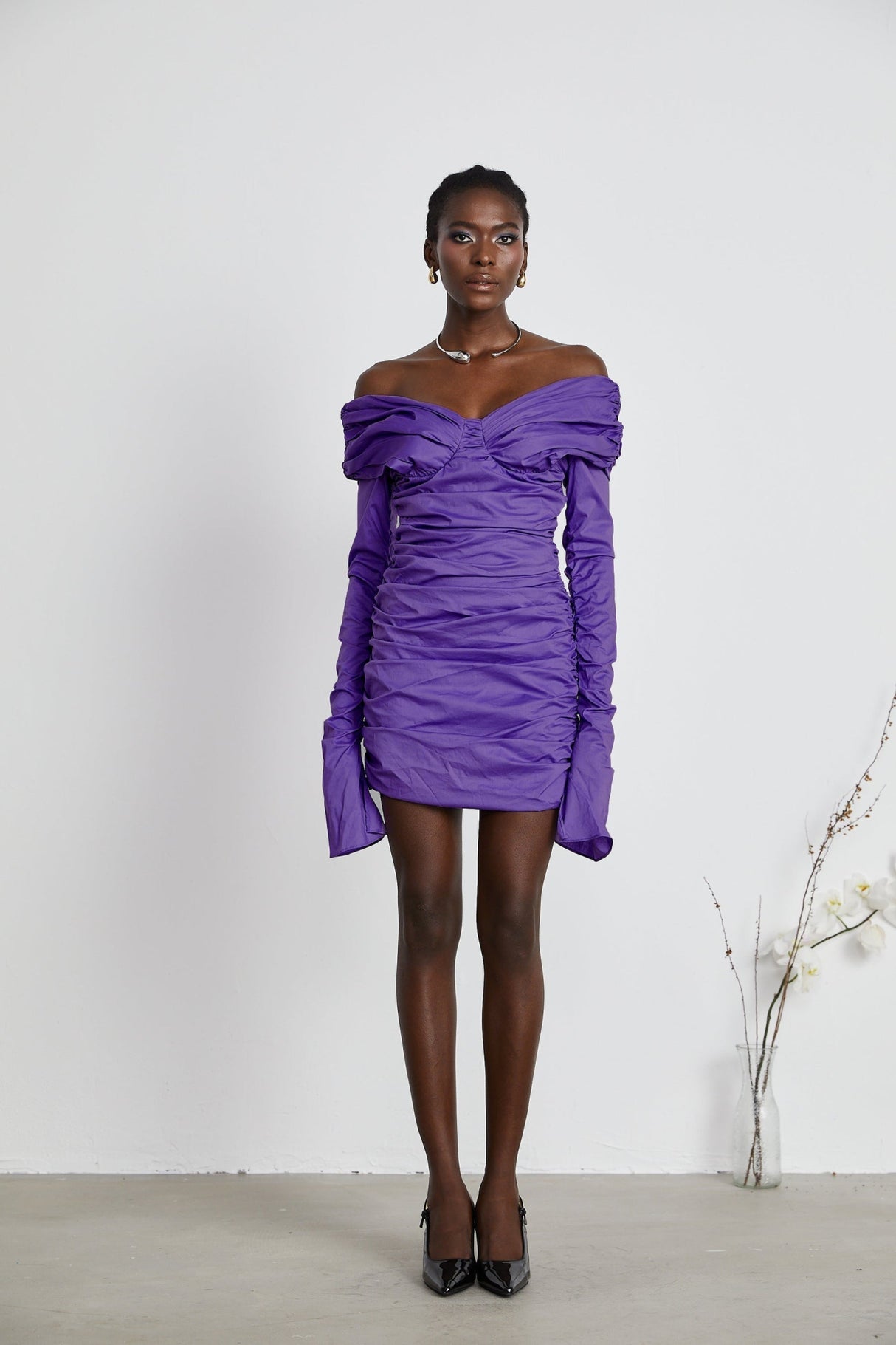 Lucy Mini Dress Ruched Off Shoulder Purple Chic Stretchy