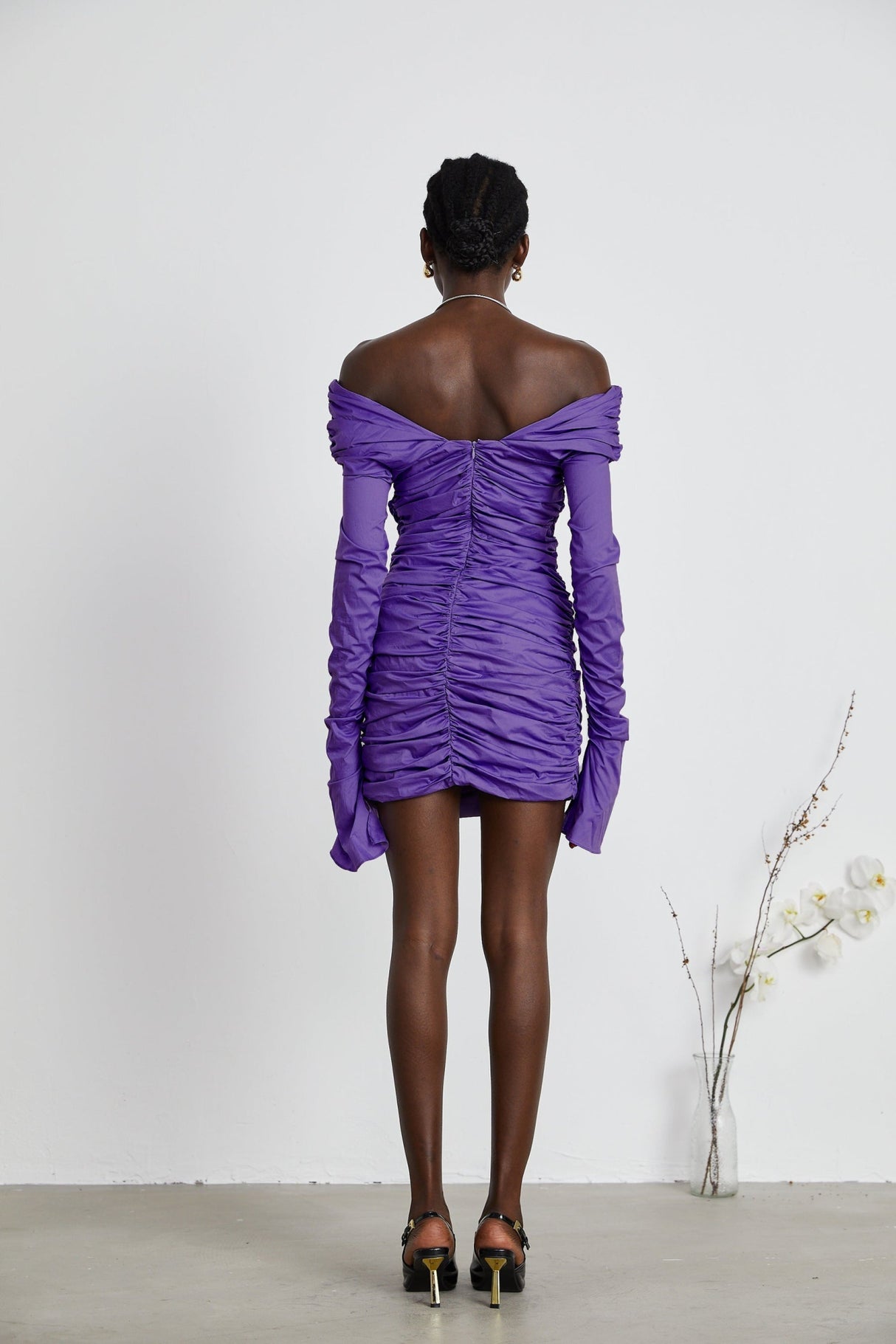 Lucy Mini Dress Ruched Off Shoulder Purple Chic Stretchy