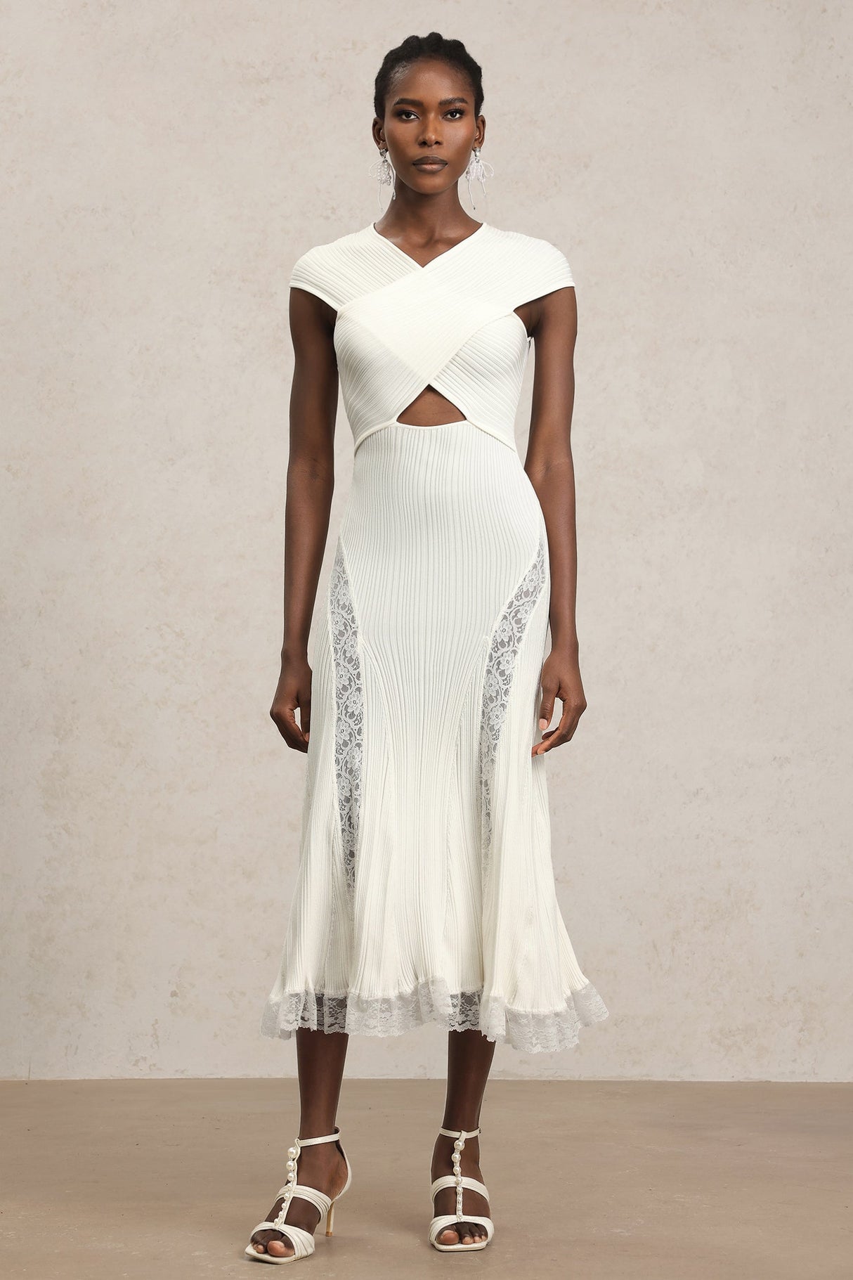 Lucy White Lace Detail Dress with Cut-Out Waist and Crossed Neckline