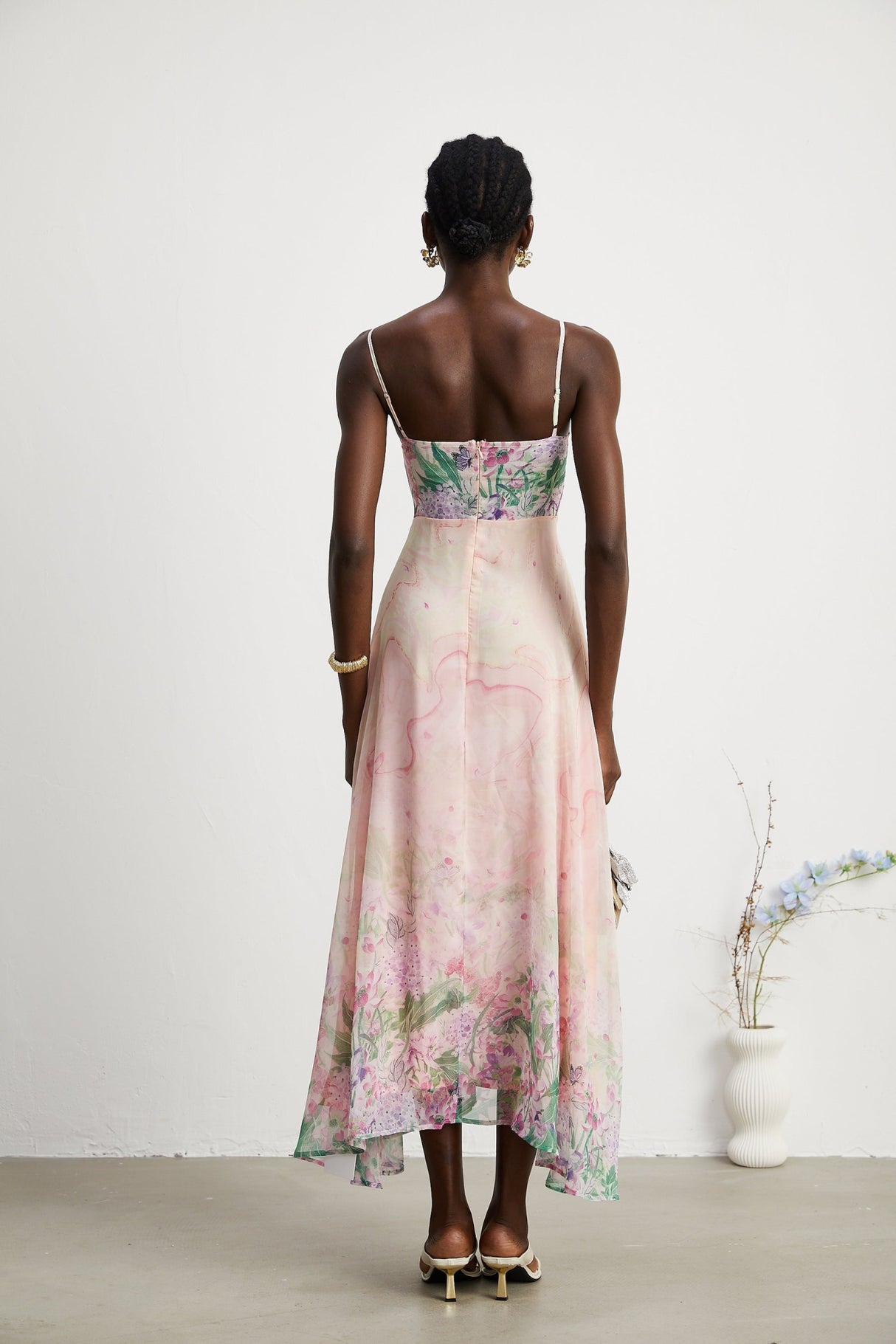 Ludovica Floral Midi Dress in Pink with Square Neck & Spaghetti Straps