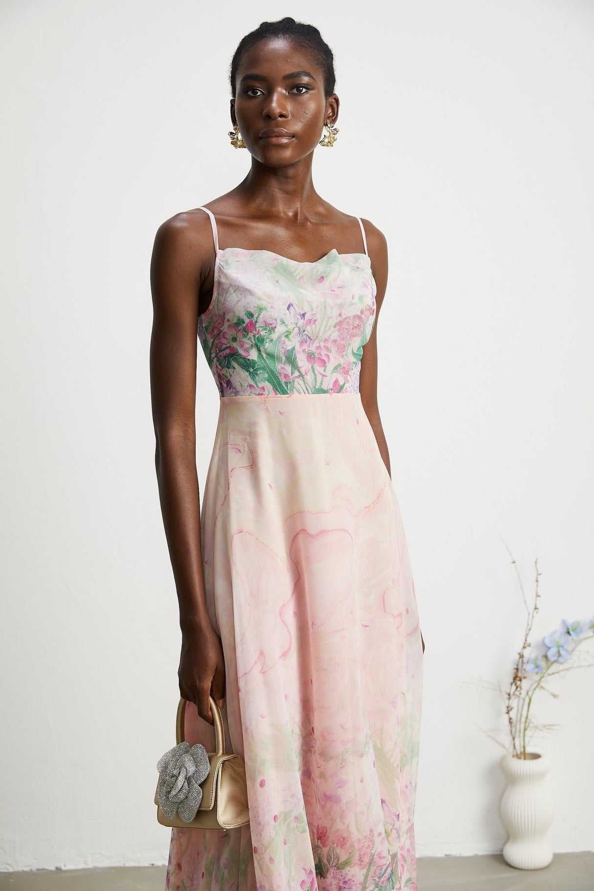 Ludovica Floral Midi Dress in Pink with Square Neck & Spaghetti Straps