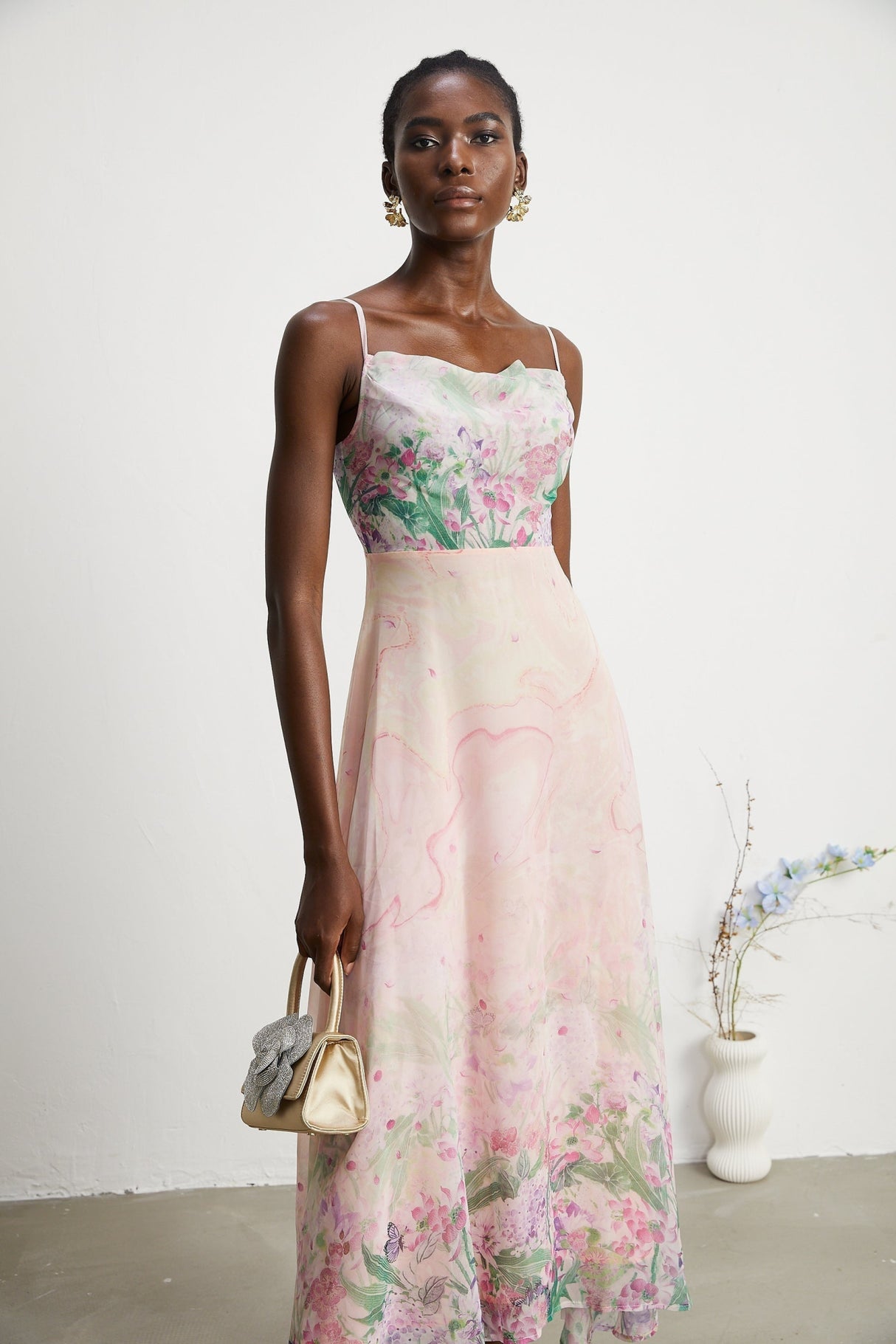 Ludovica Floral Midi Dress in Pink with Square Neck & Spaghetti Straps