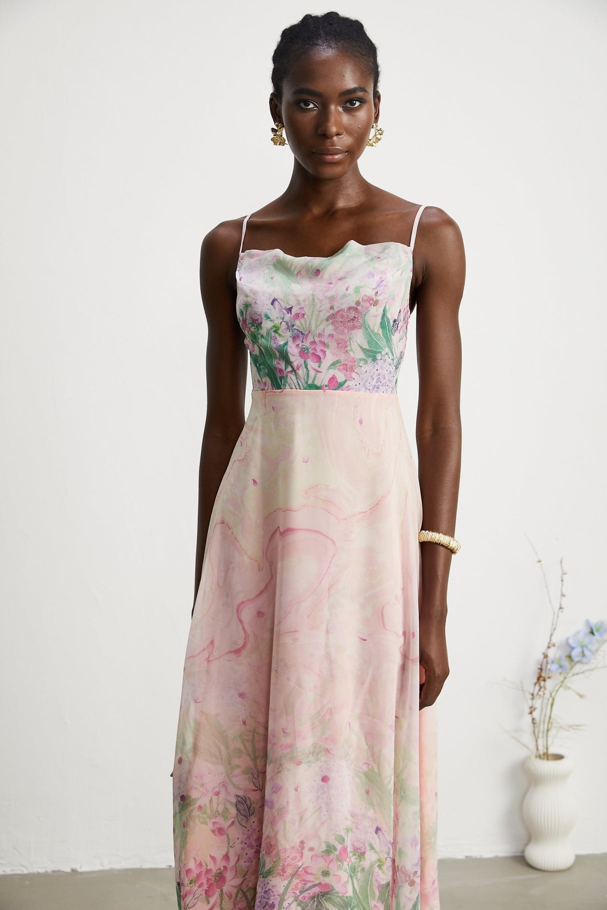 Ludovica Floral Midi Dress in Pink with Square Neck & Spaghetti Straps