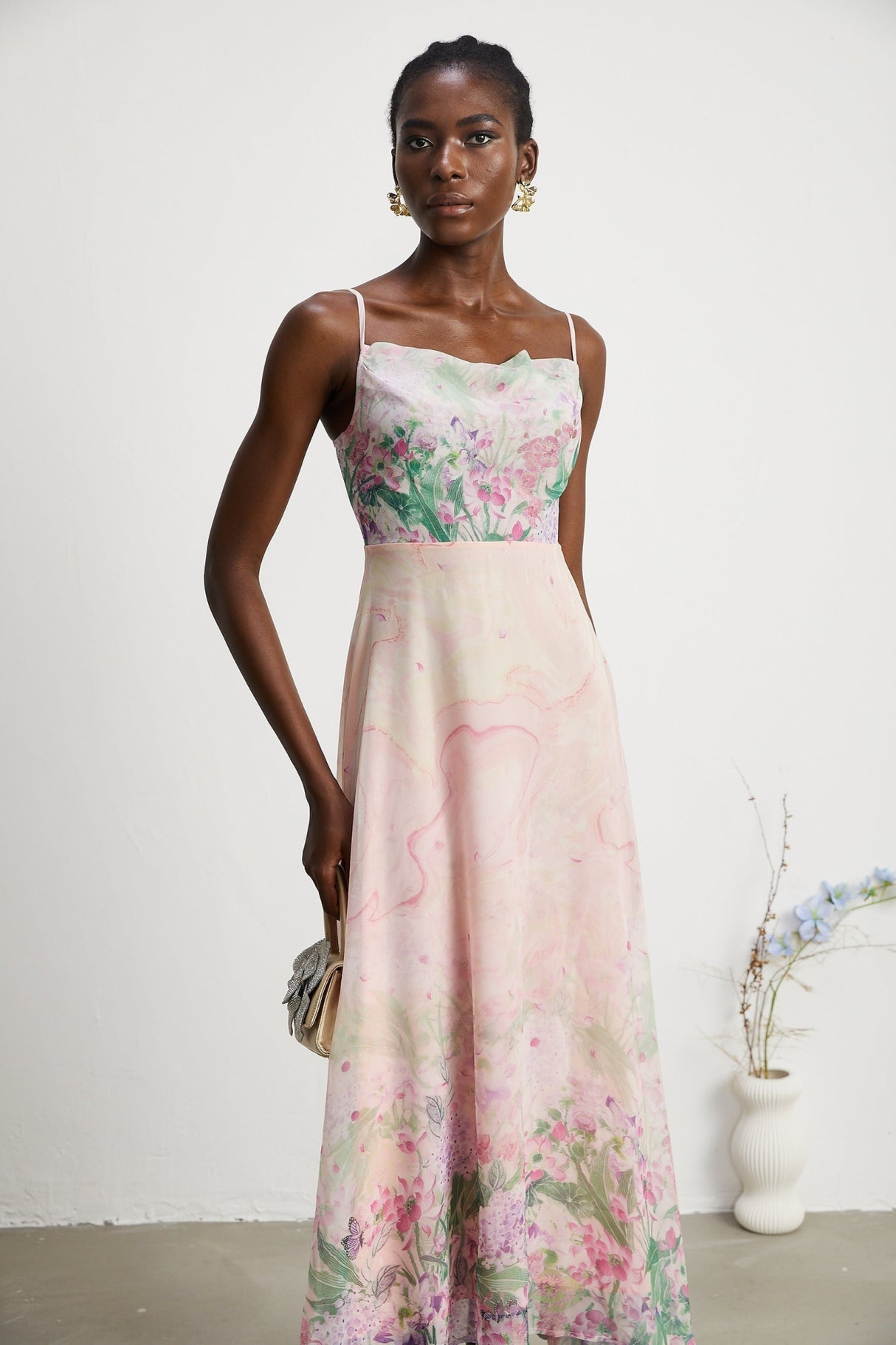 Ludovica Floral Midi Dress in Pink with Square Neck & Spaghetti Straps