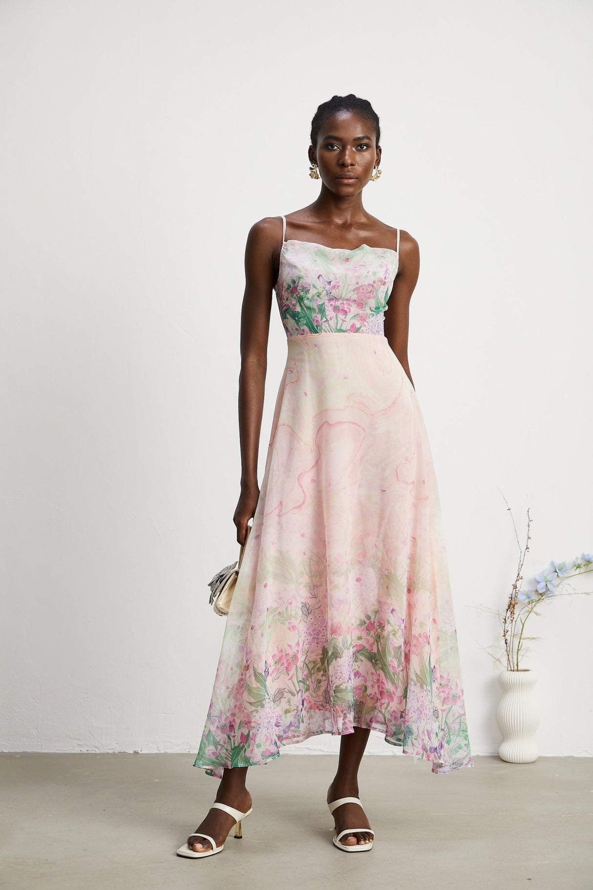 Ludovica Floral Midi Dress in Pink with Square Neck & Spaghetti Straps