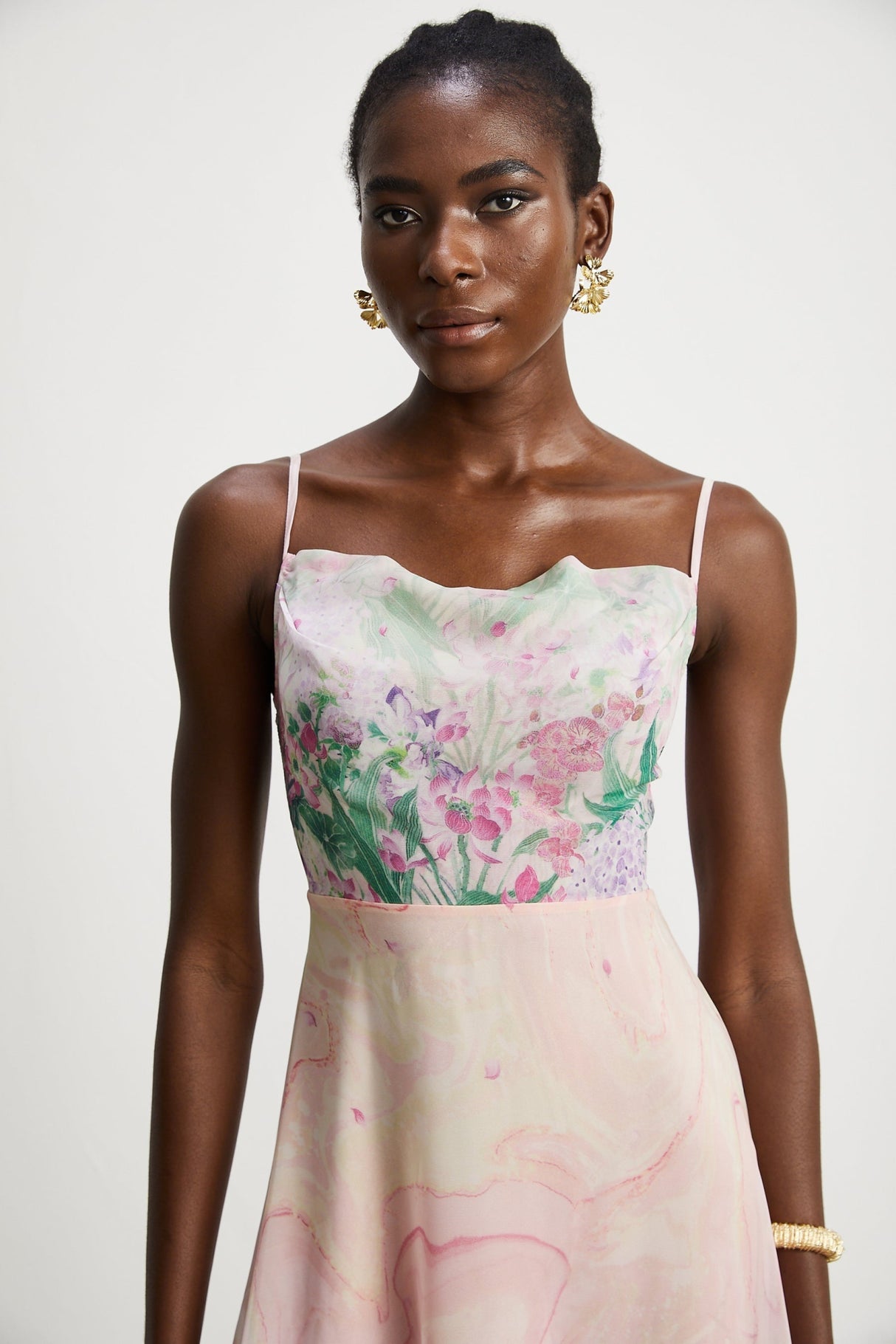 Ludovica Floral Midi Dress in Pink with Square Neck & Spaghetti Straps