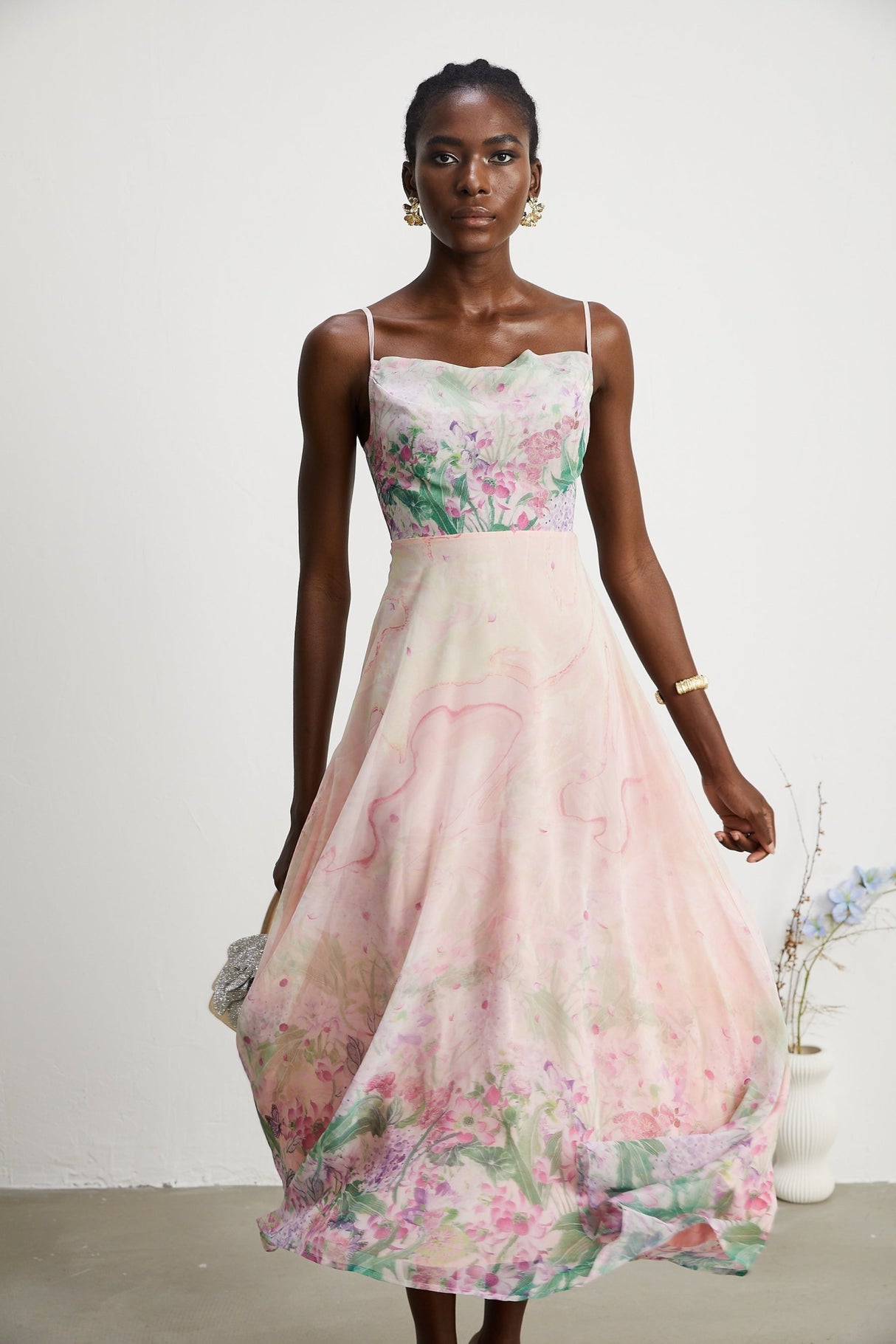 Ludovica Floral Midi Dress in Pink with Square Neck & Spaghetti Straps
