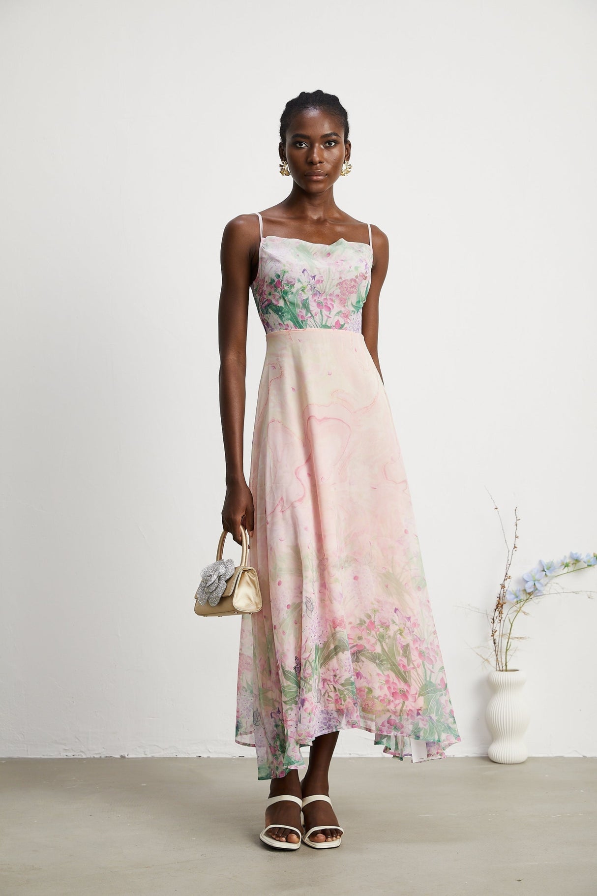 Ludovica Floral Midi Dress in Pink with Square Neck & Spaghetti Straps