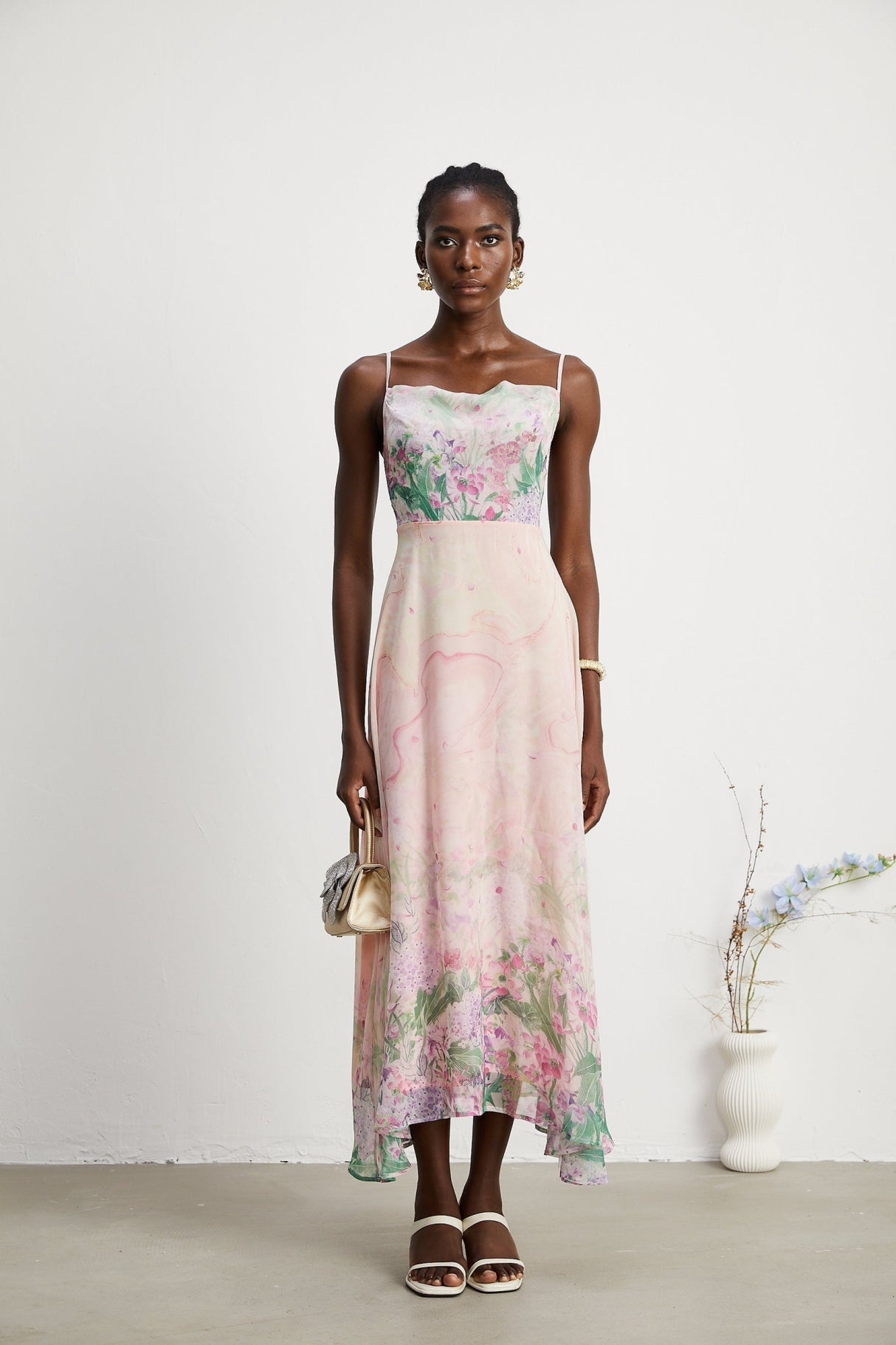 Ludovica Floral Midi Dress in Pink with Square Neck & Spaghetti Straps