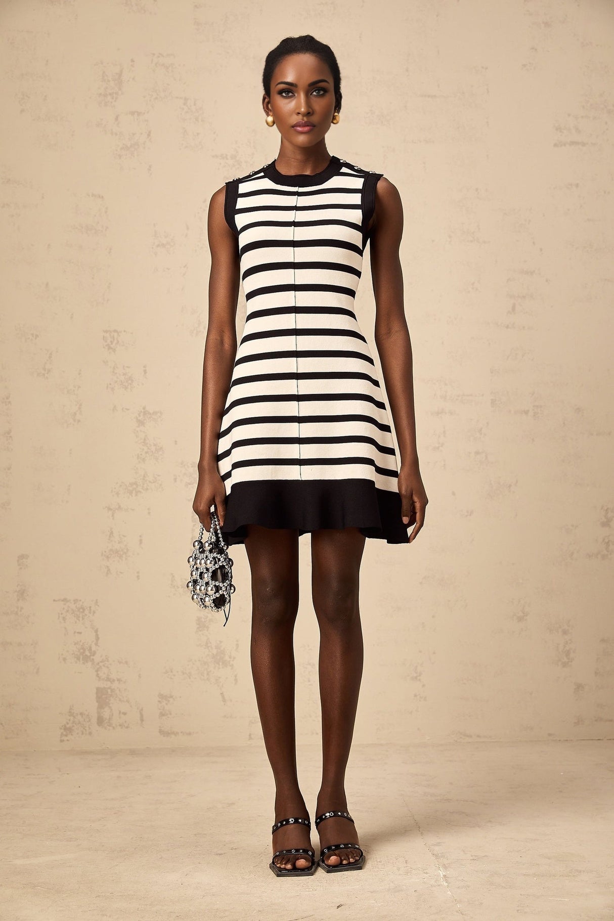 Ludovica Mini Dress Black White Striped Knit Ruffled Hem