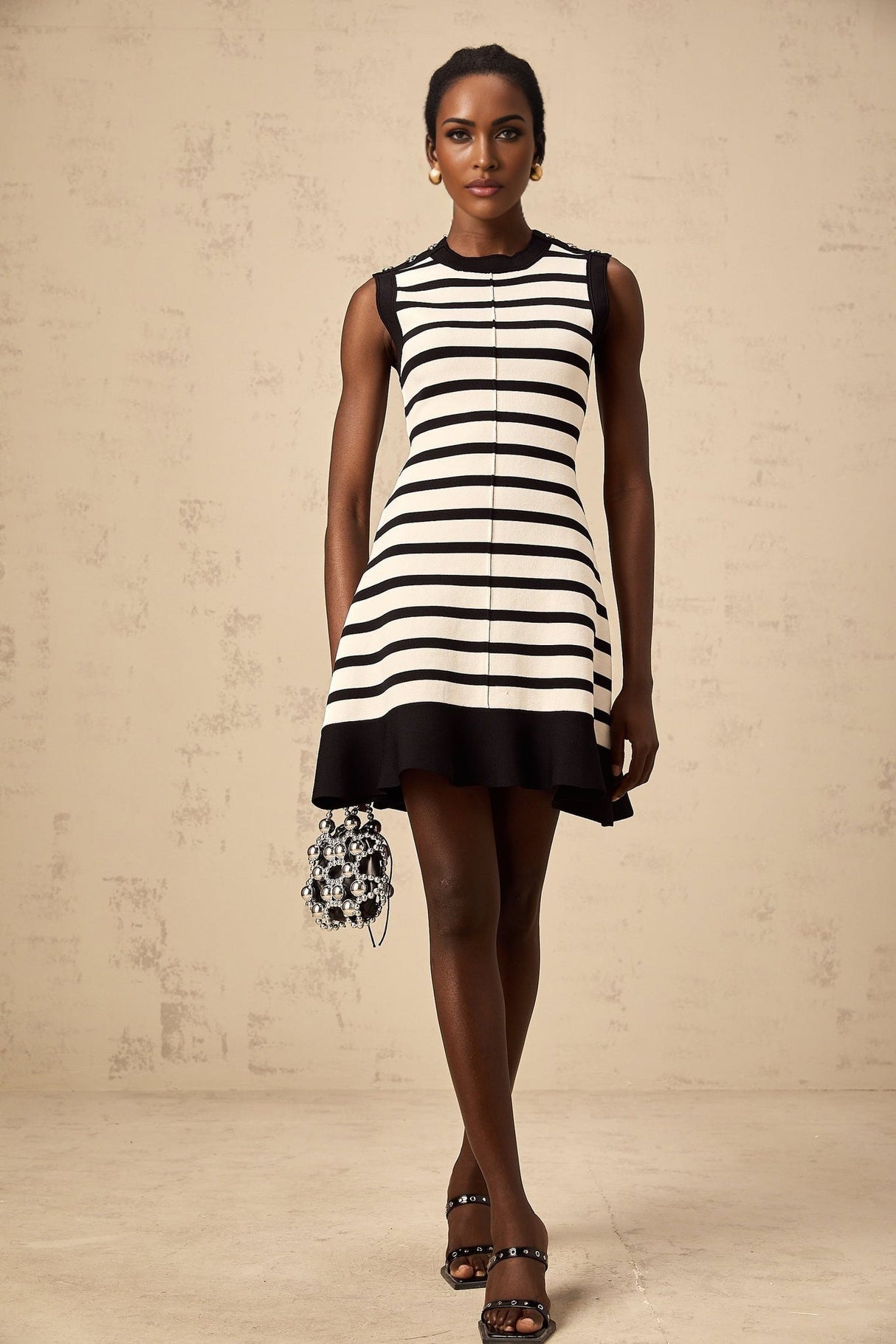 Ludovica Mini Dress Black White Striped Knit Ruffled Hem