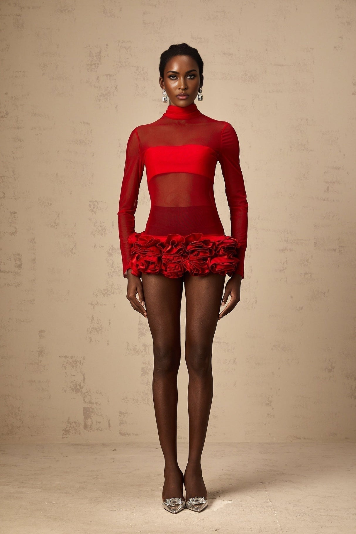 Ludovica Mini Dress - Mock Neck - Long Sleeves - Semi - Sheer Tulle Design - 3D Petal Detailing