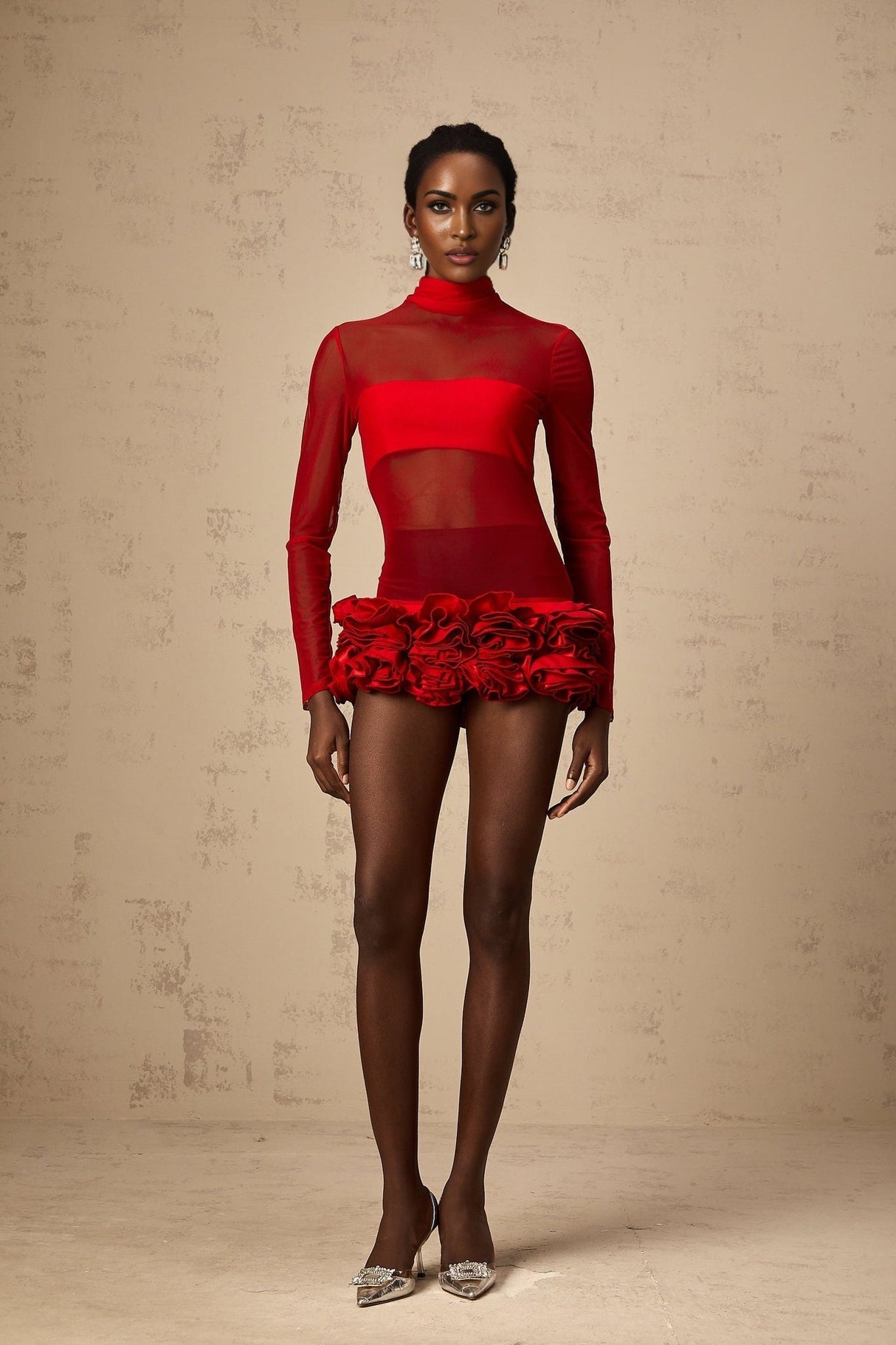 Ludovica Mini Dress Red Sheer Tulle 3D Petal Bouquet