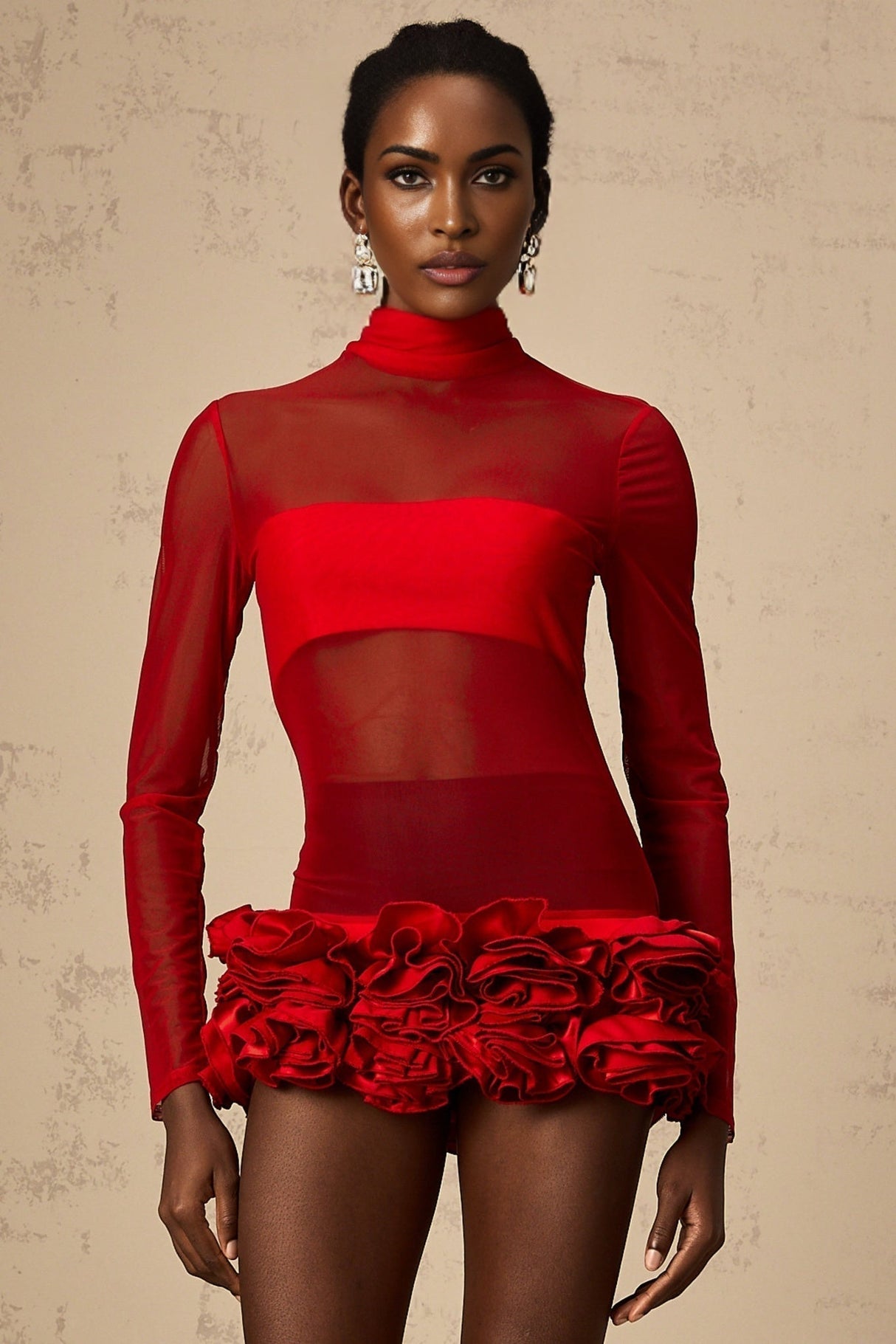 Ludovica Mini Dress Red Sheer Tulle 3D Petal Bouquet