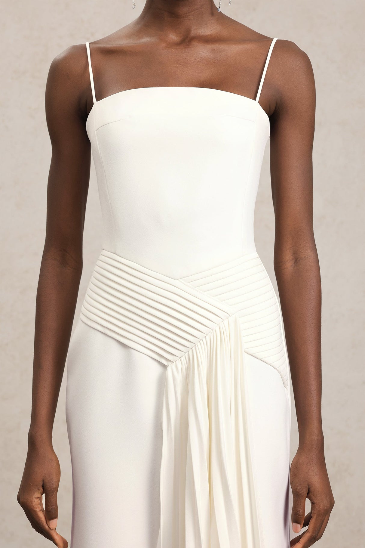 Ludovica White Maxi Dress Halter Neckline Pleats Cascading Luxurious Blend Fabrics Elegant Modern Design