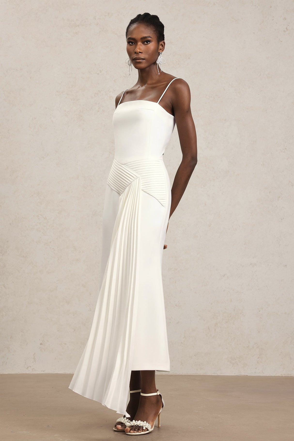 Ludovica White Maxi Dress Halter Neckline Soft Pleats Elegant