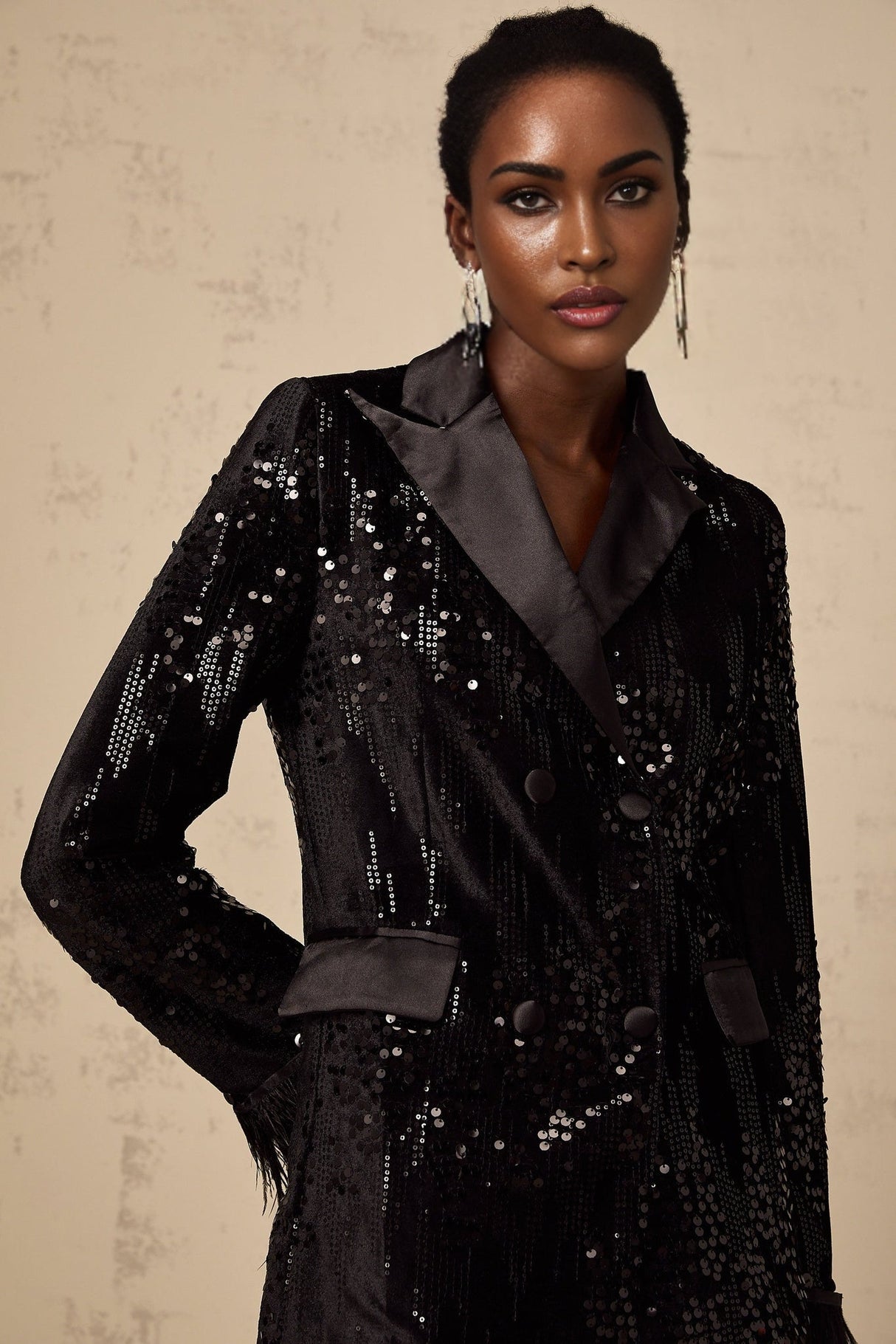 Luigia Blazer Luigia Feather Trim Sequin Black Blazer