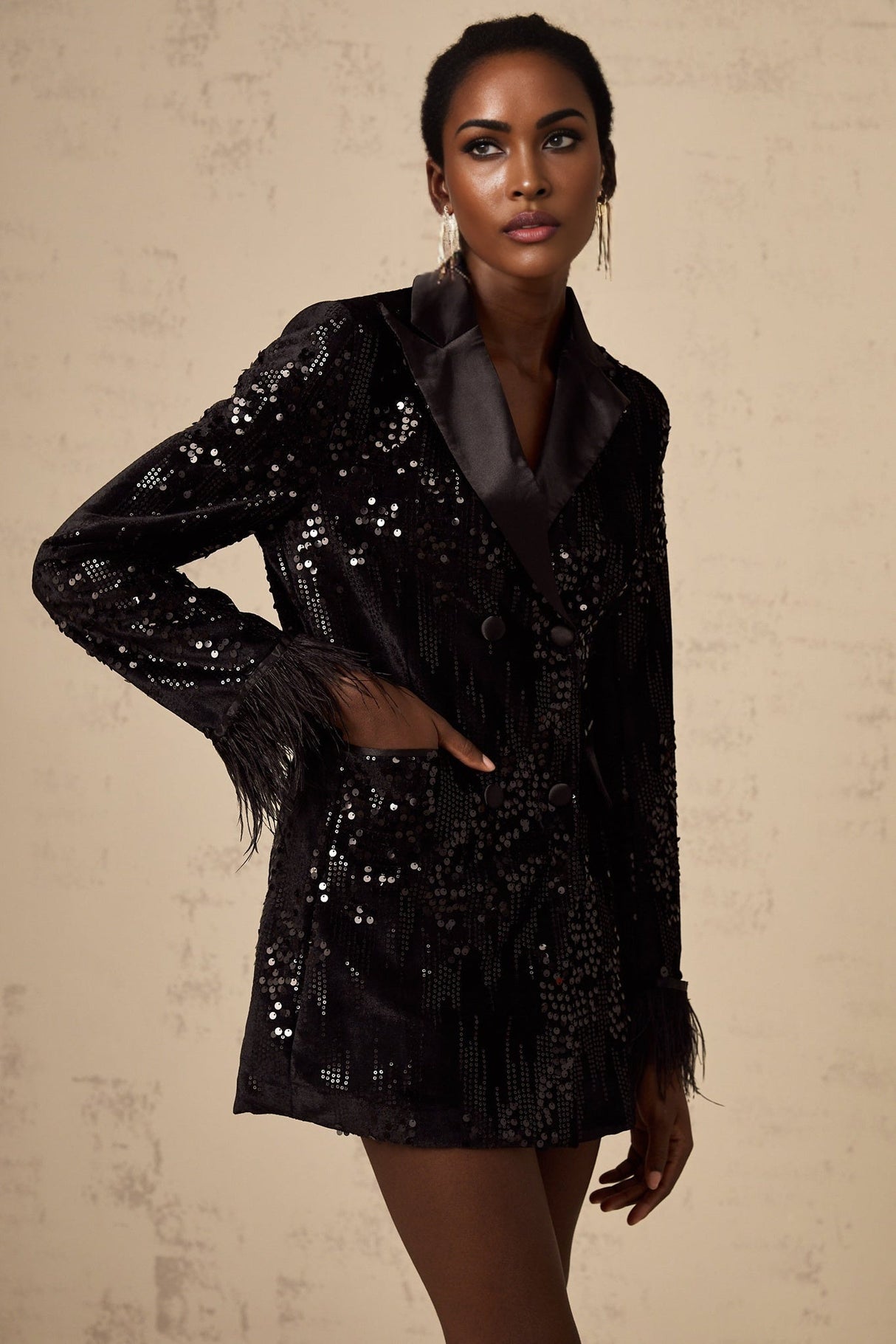 Luigia Blazer Luigia Feather Trim Sequin Black Blazer