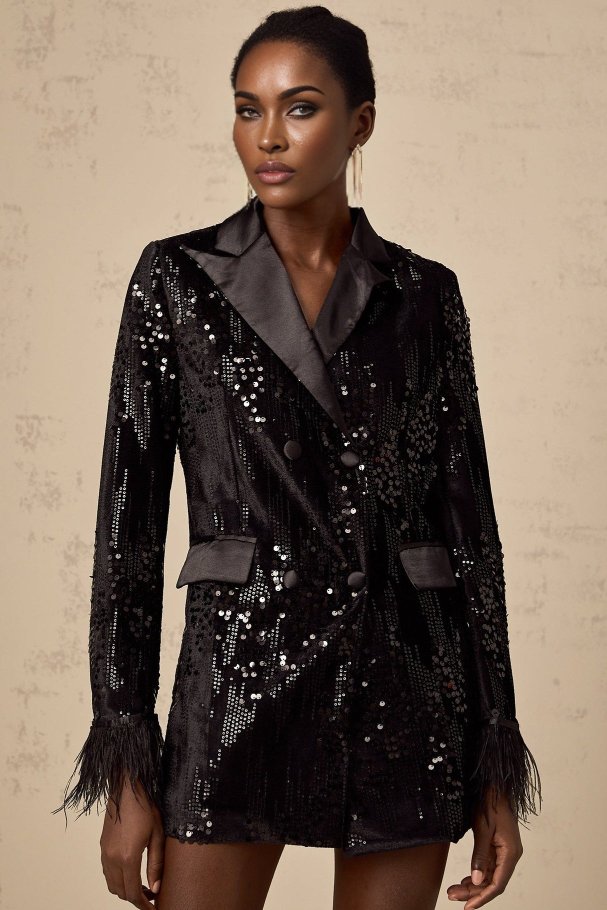 Luigia Blazer Luigia Feather Trim Sequin Black Blazer
