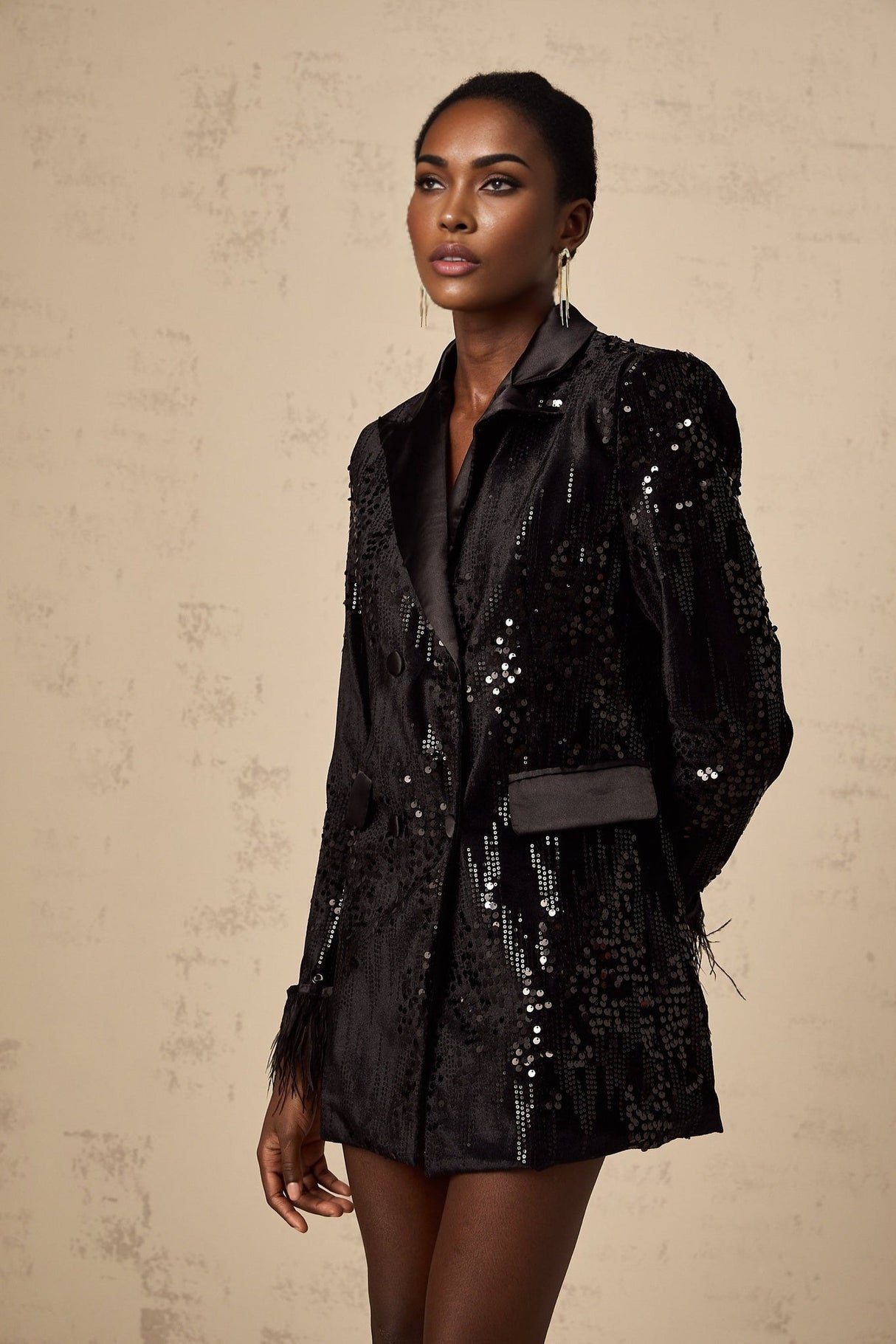 Luigia Blazer Luigia Feather Trim Sequin Black Blazer