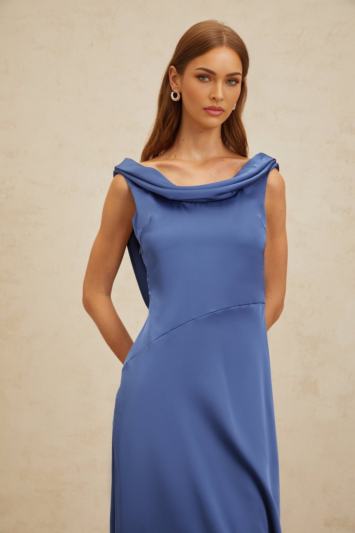 Luigia Maxi Dress - Blue Satin - Open Back - Side Slit - Bow Detail