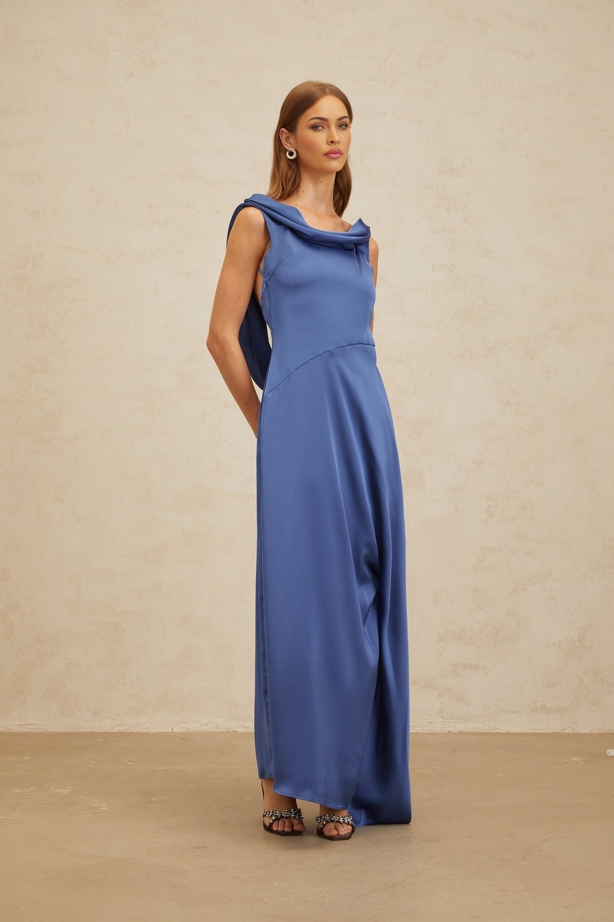 Luigia Maxi Dress - Blue Satin - Open Back - Side Slit - Bow Detail