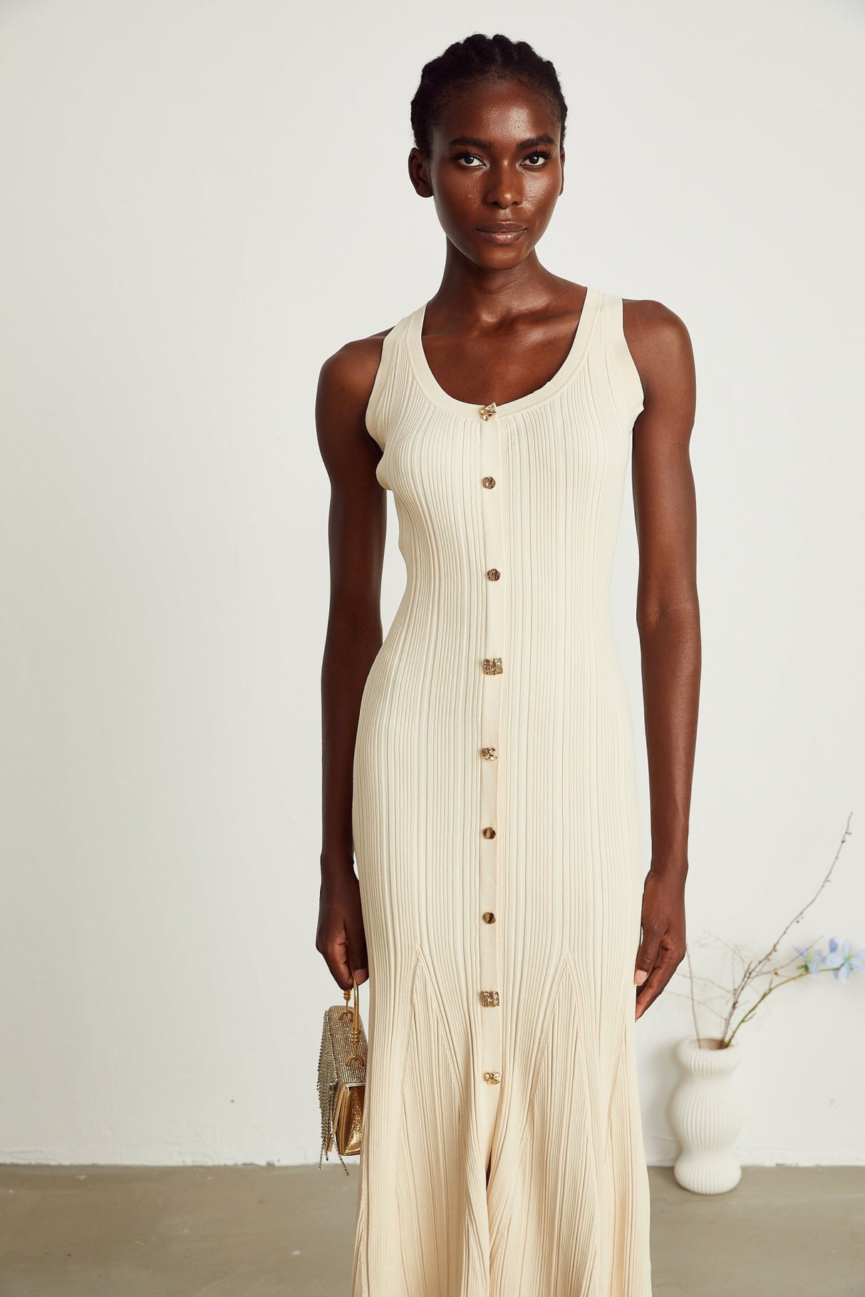 Luigia Midi Dress Flared Hem U Neck Sleeveless Stretch Stretch Jersey