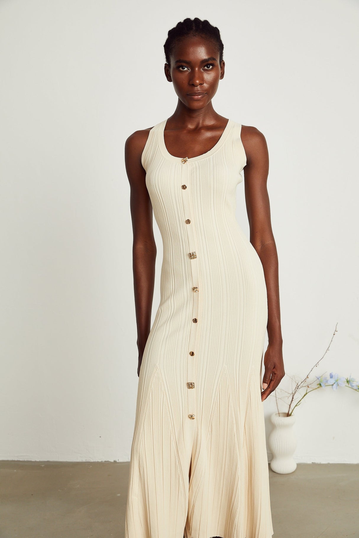 Luigia Midi Dress Flared Hem U Neck Sleeveless Stretch Stretch Jersey