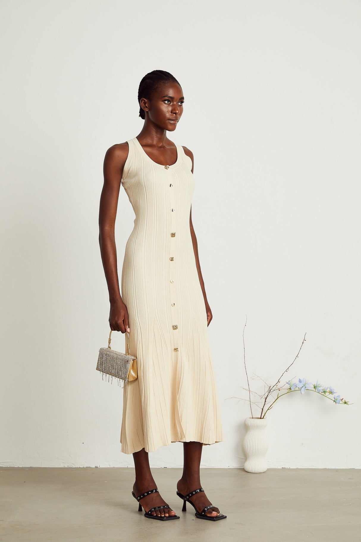 Luigia Midi Dress Flared Hem U Neck Sleeveless Stretch Stretch Jersey