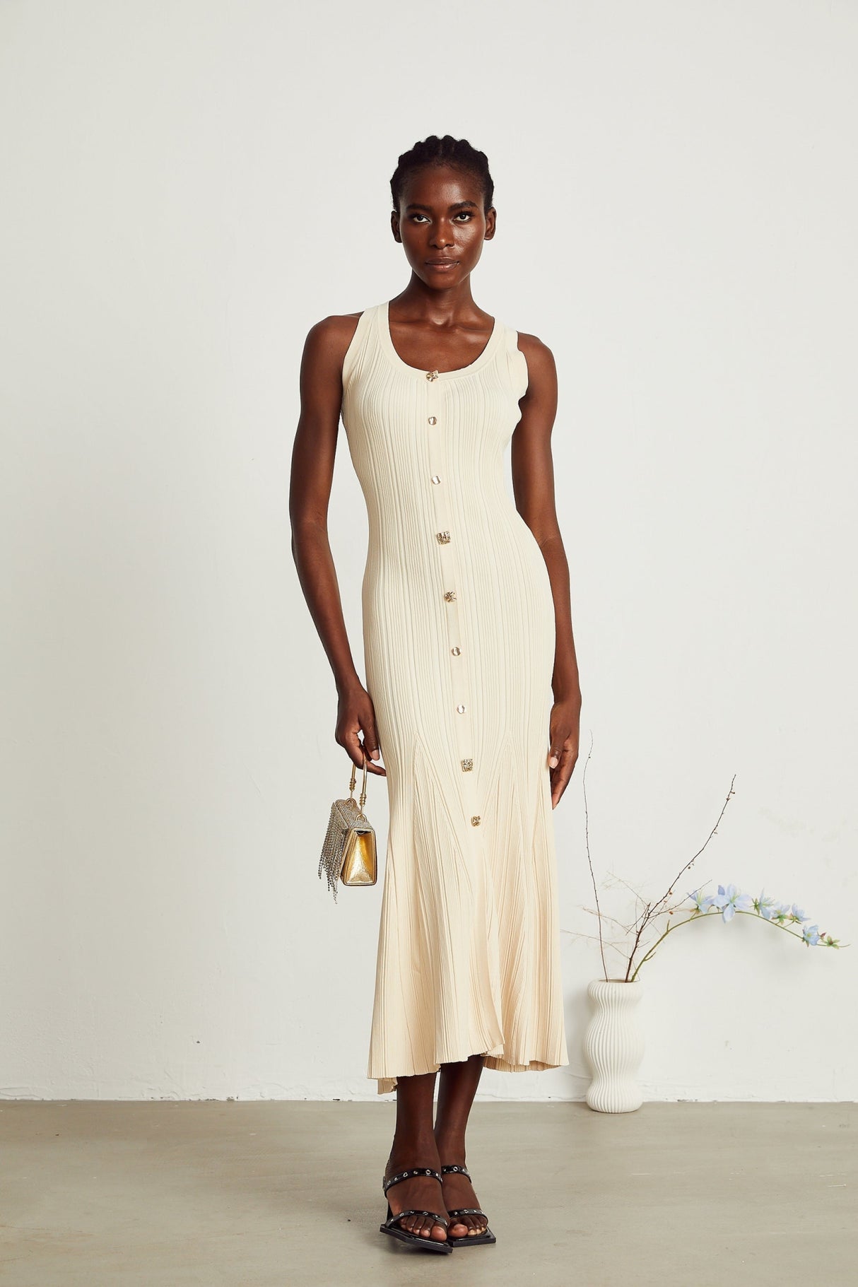 Luigia Midi Dress Flared Hem U Neck Sleeveless Stretch Stretch Jersey