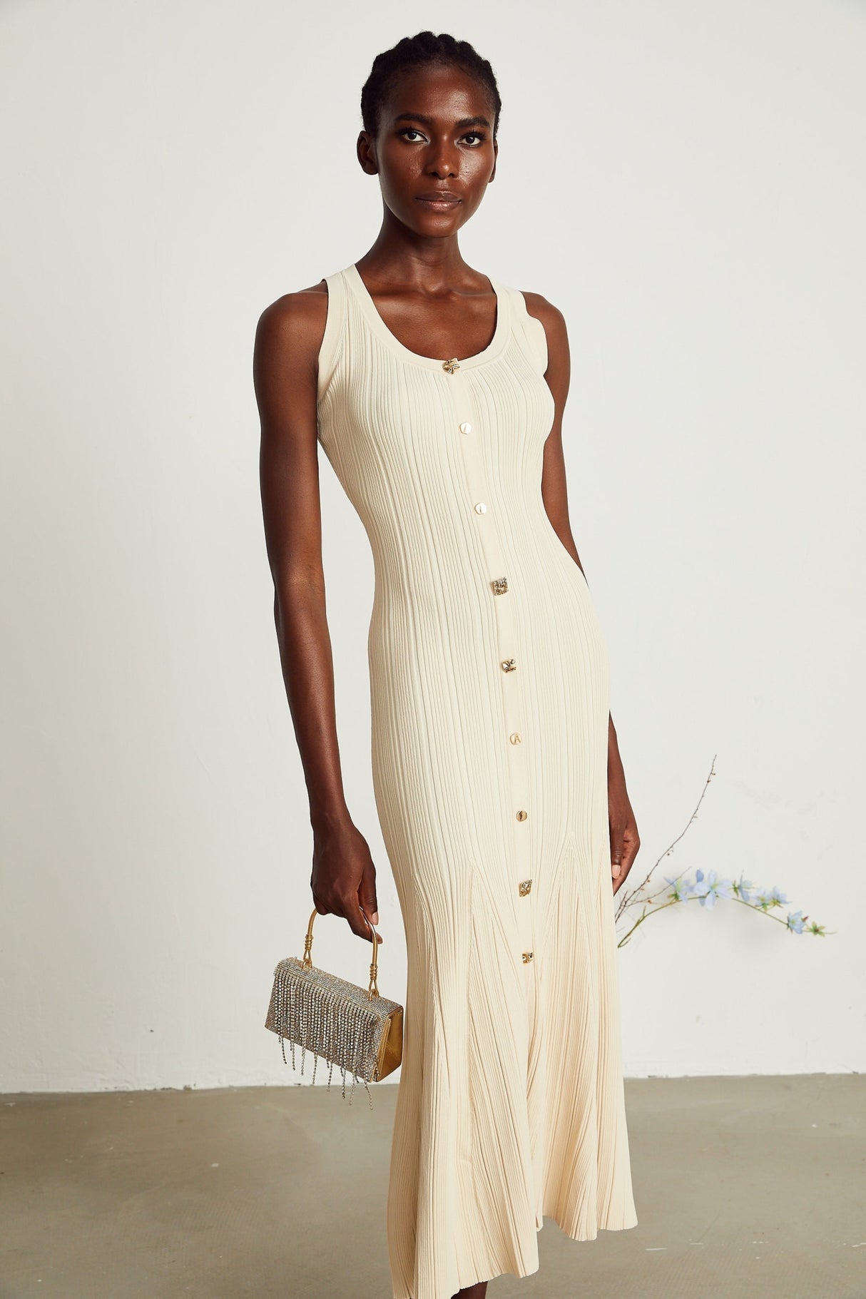 Luigia Midi Dress Flared Hem U Neck Sleeveless Stretch Stretch Jersey