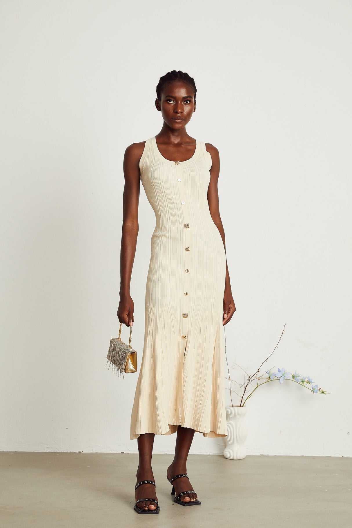 Luigia Midi Dress Flared Hem U Neck Sleeveless Stretch Stretch Jersey