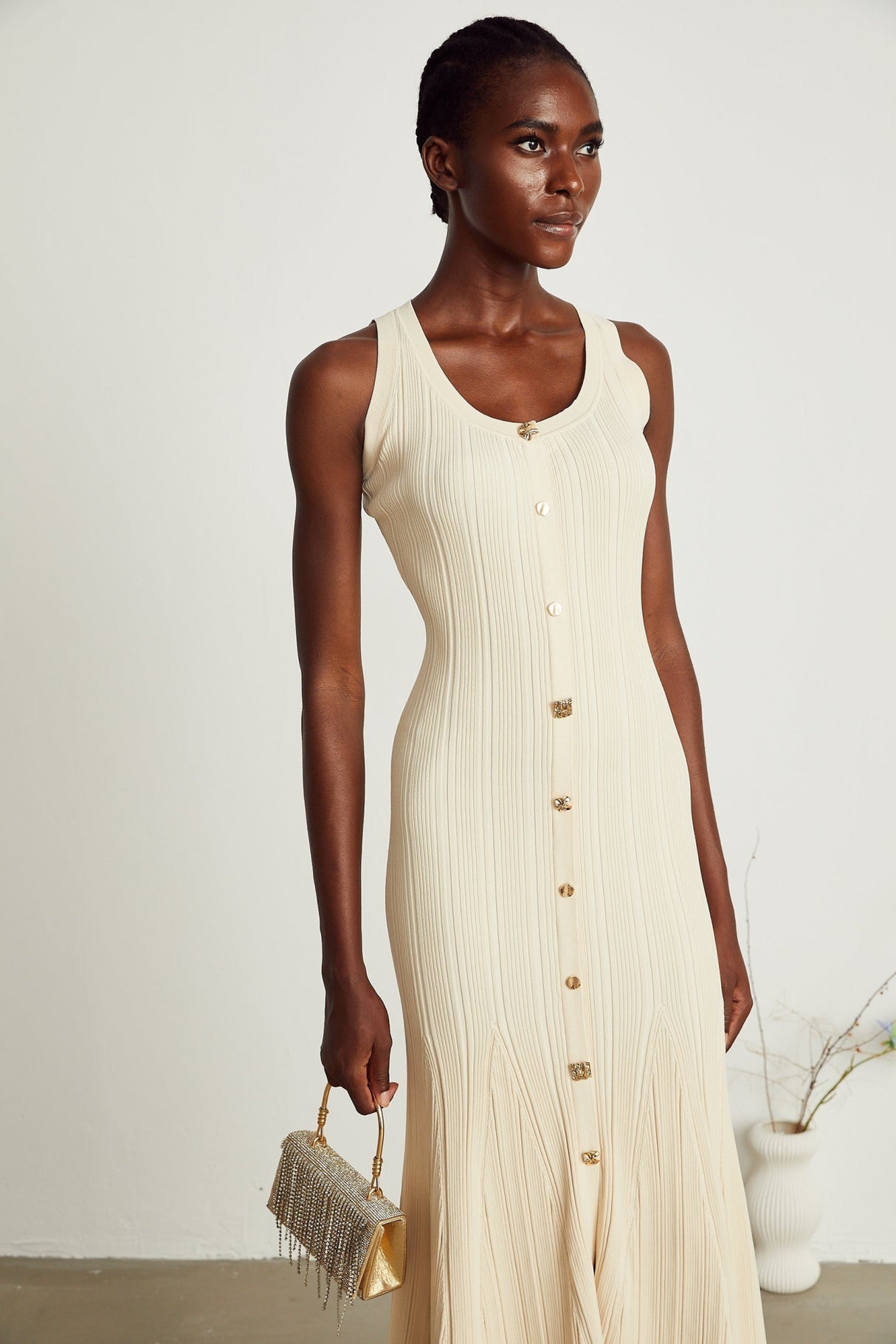 Luigia Midi Dress Flared Hem U Neck Sleeveless Stretch Stretch Jersey