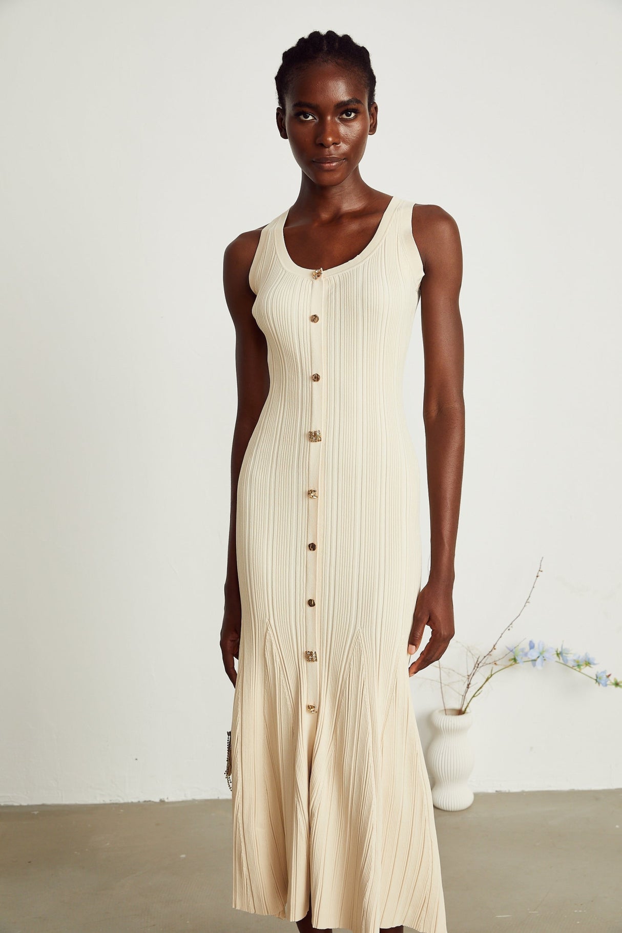 Luigia Midi Dress Flared Hem U Neck Sleeveless Stretch Stretch Jersey