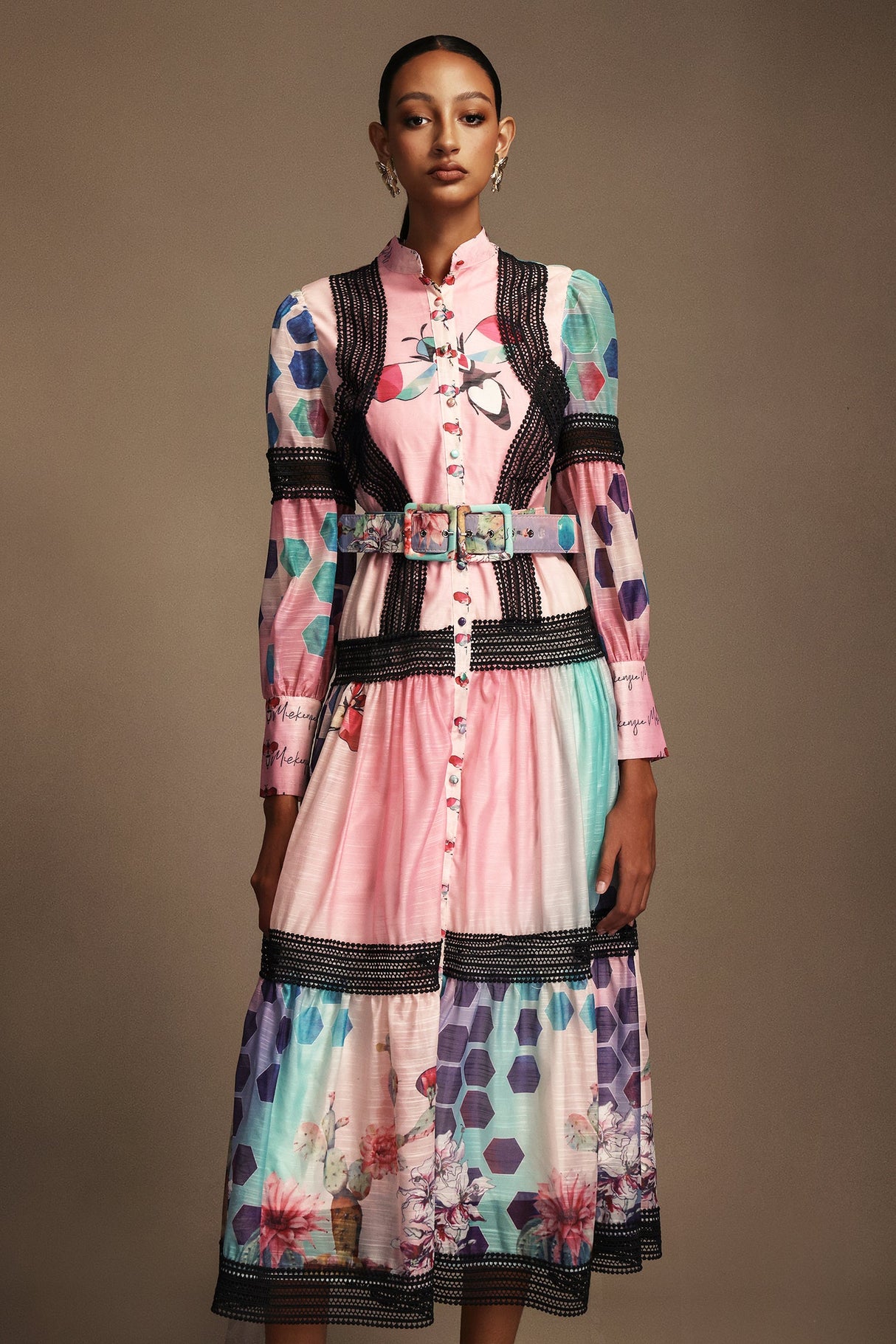 Luigia Pink Floral Maxi Dress with Button-Up Neckline and Belt