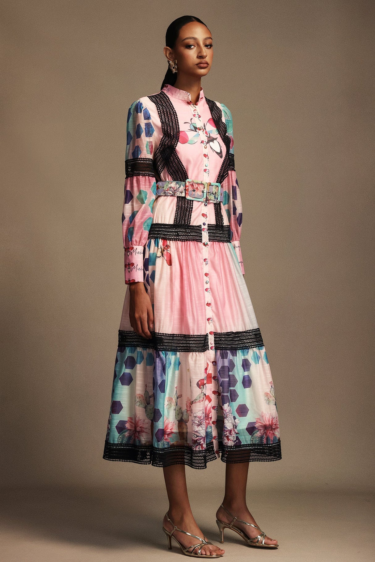 Luigia Pink Floral Maxi Dress with Button-Up Neckline and Belt