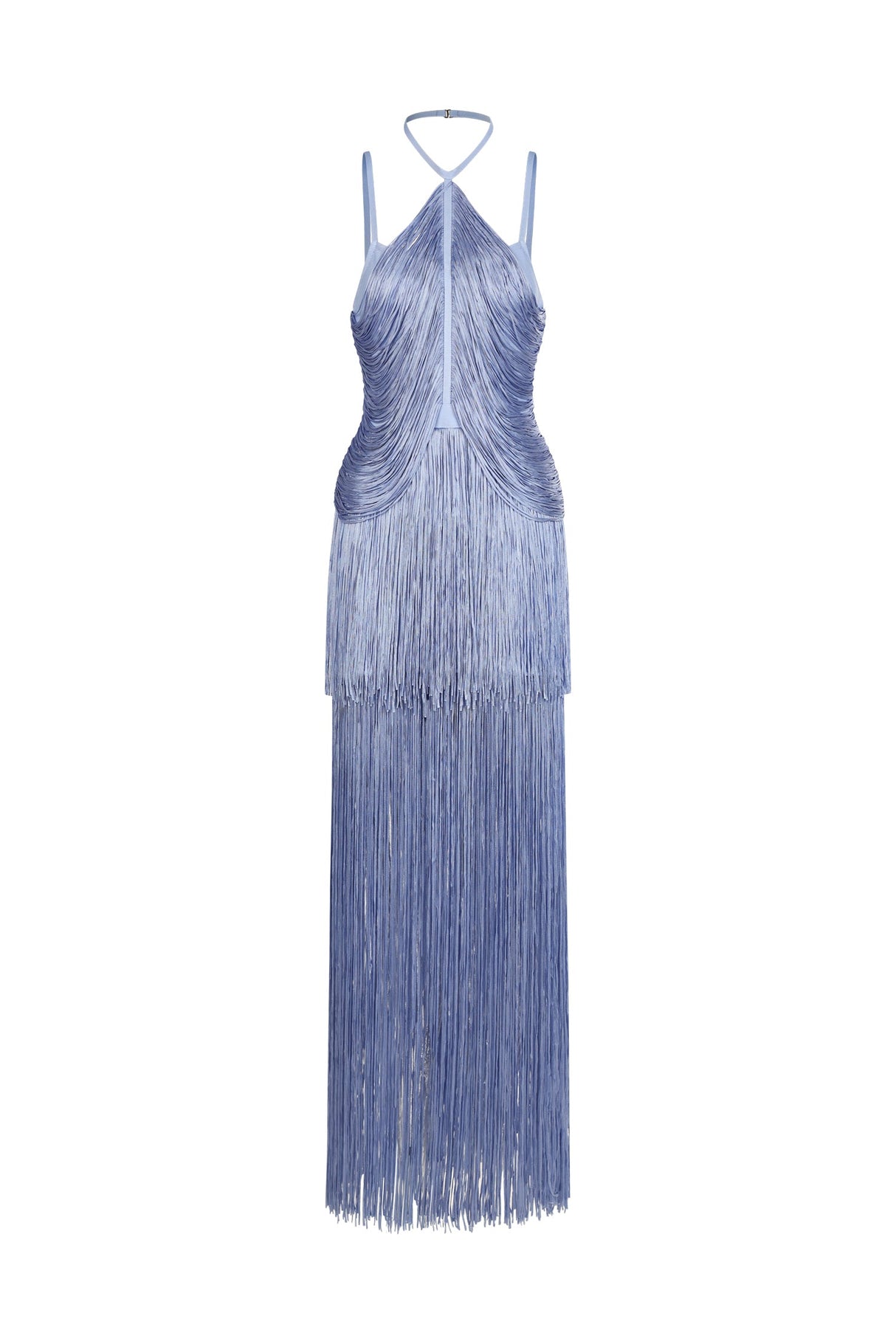 Luigia Purple Fringe Maxi Dress Halter Neckline Special Occasion Side Slit Elegant Sophisticated Glamorous Chic Party Modern Woman Style Comfort
