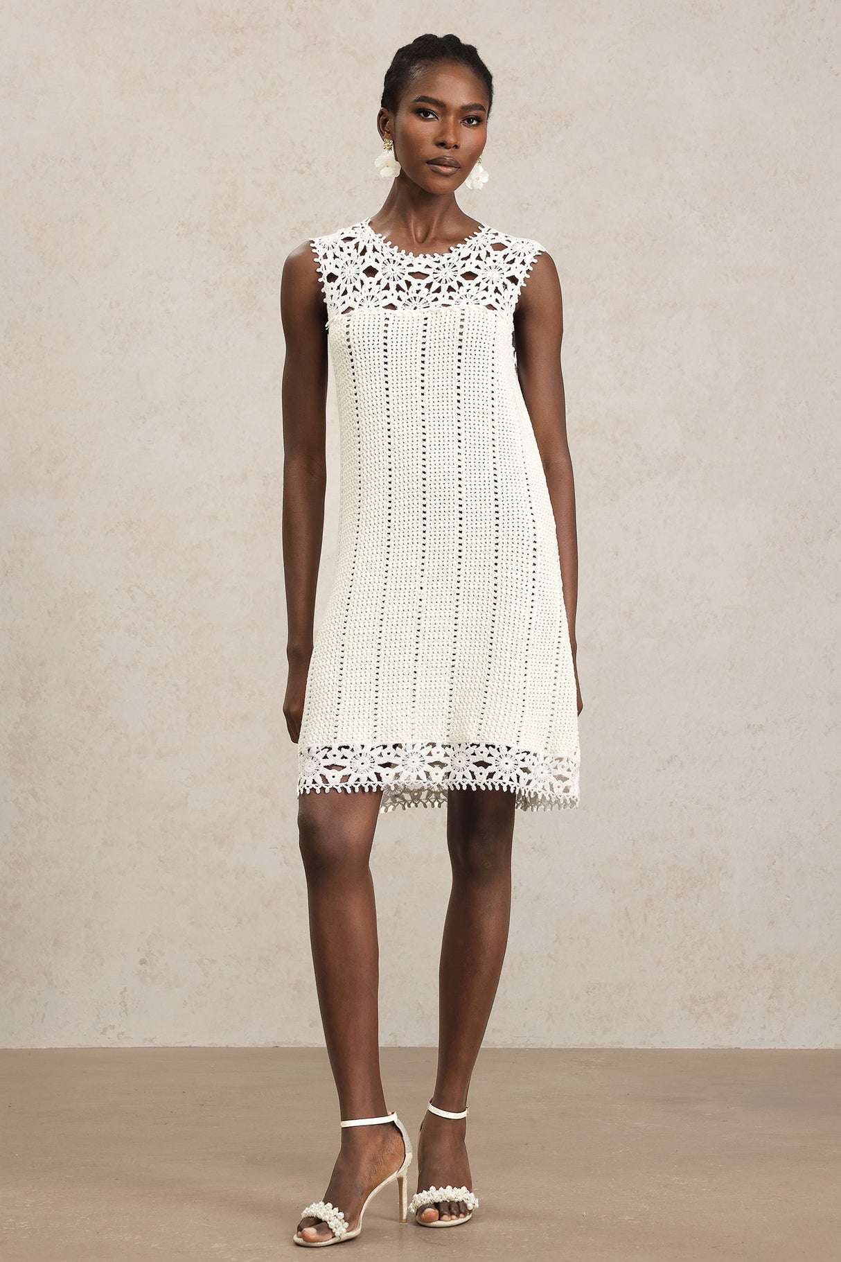Luigia White Lace Sleeveless Mini Dress with Floral Patterns