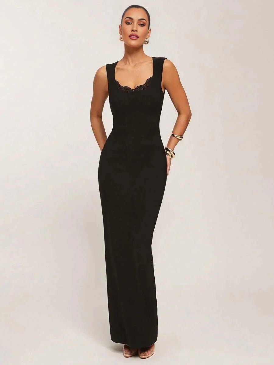 Luisa Maxi Dress - Sweetheart Neckline - Pencil Hem - Bodycon Tank Style - Contrast Lace Detail