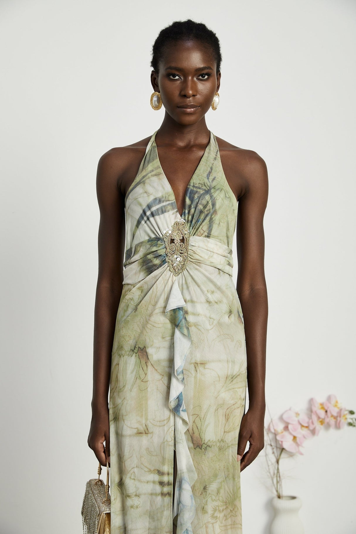 Luisa Midi Dress Green Ombre Halterneck Open Back Ruffled Trim