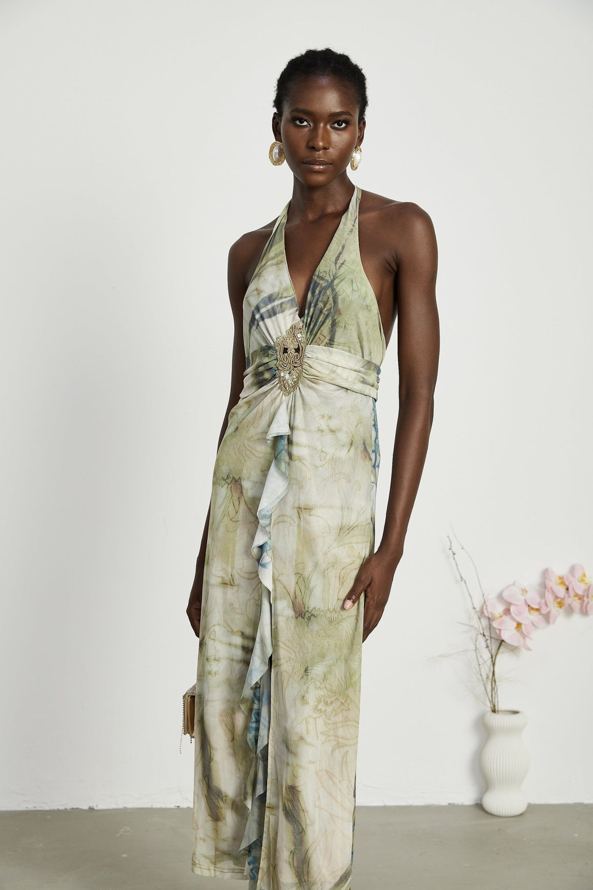 Luisa Midi Dress Green Ombre Halterneck Open Back Ruffled Trim